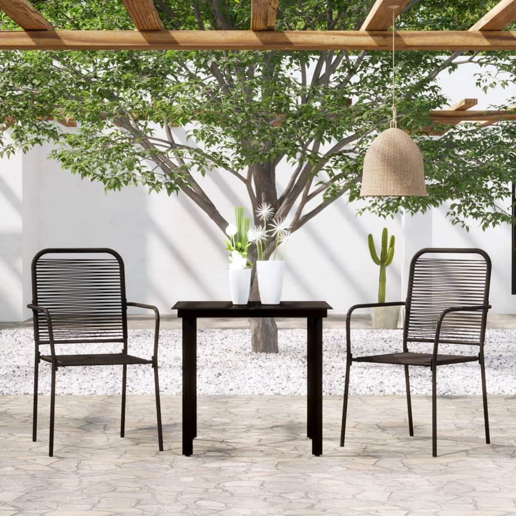 3 Piece Patio Dining Set Black,Modern Outdoor Dining Set: Black PowderCoated Table with Tempered Glass Top and Twined Cotton Rope Chairs for Patio, Kitchen, and Terrace Furniture Sets for Patio, Lawn