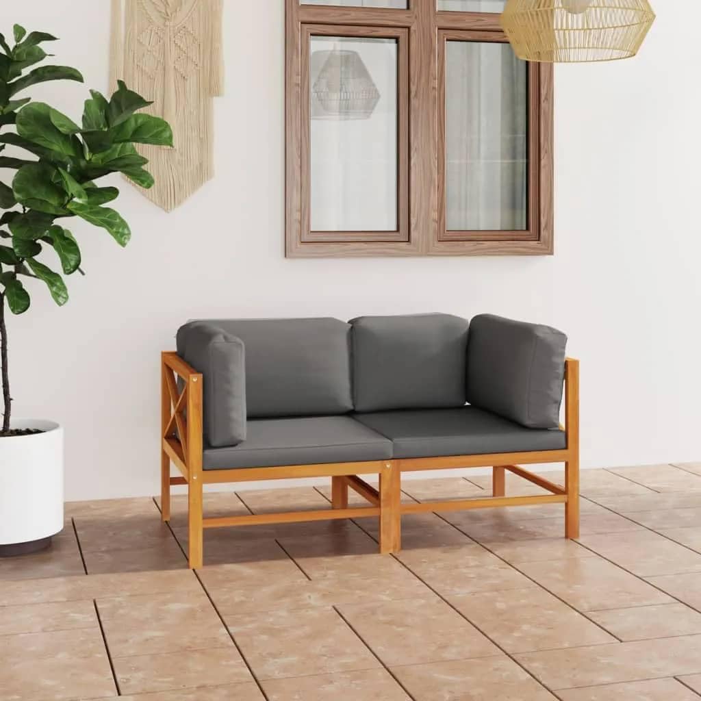 Patio Set 2-Seater Patio Sofa with Gray Cushions Solid Teak Wood