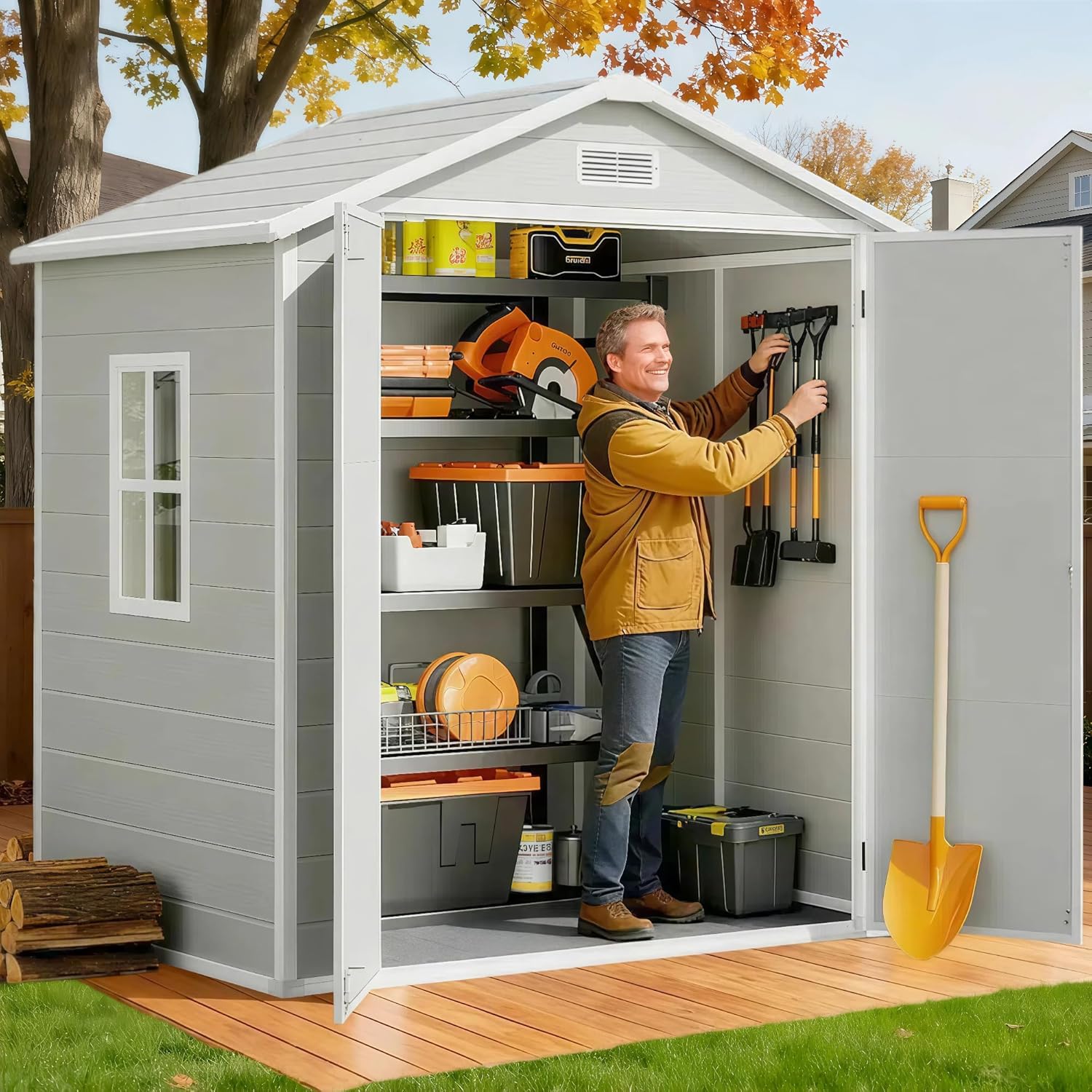 Gizoon 6x4.4 FT Outdoor Storage Shed with Floor, All-Weather Resin Garden Shed with Lockable Doors & Windows, Plastic Tool Sheds for Patio, Lawn & Garden (Grey)