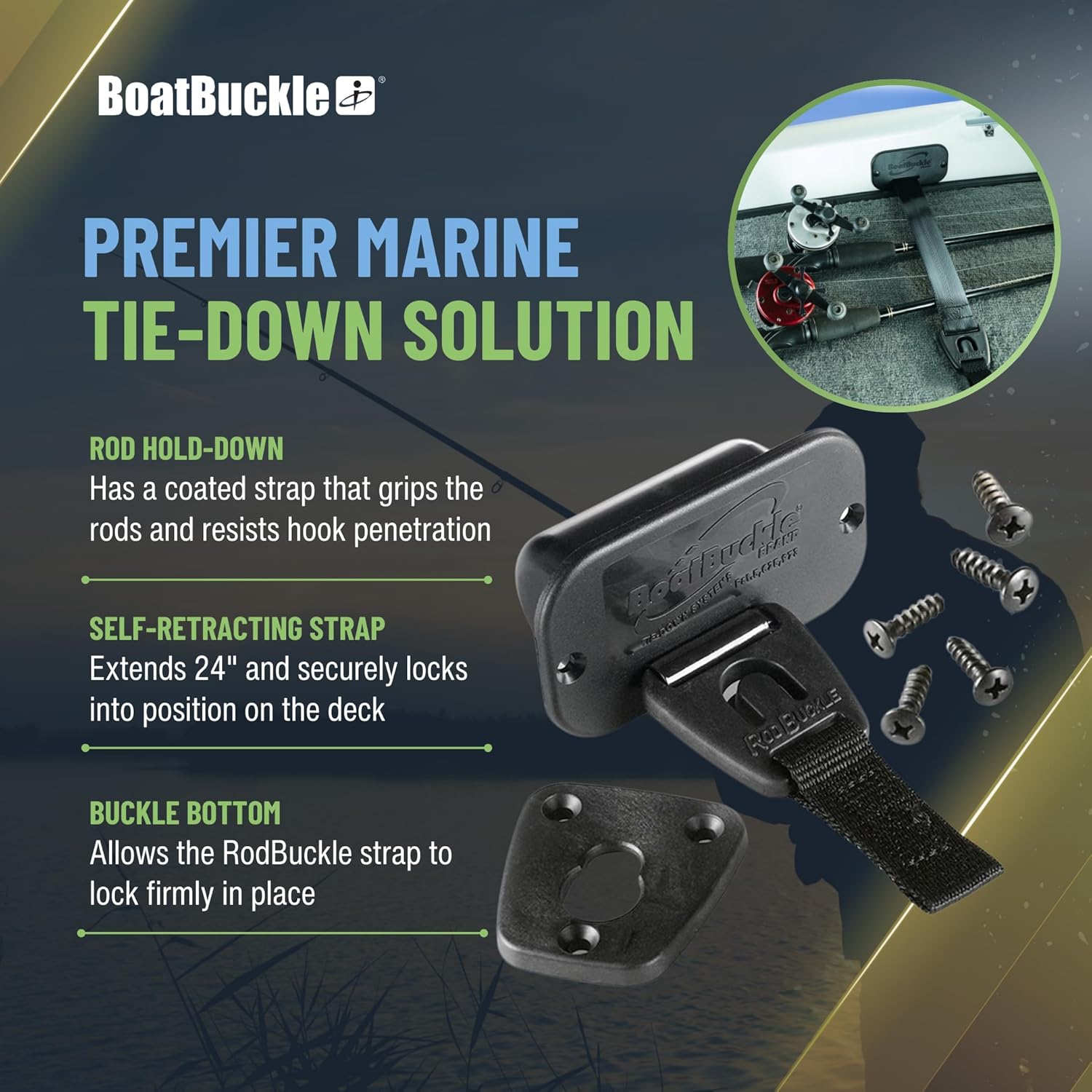 BoatBuckle Gunwale/Deck Mount Retractable Rod Tie-Down, 24-Inch Self-Retracting Fishing Rod Holder for Boats