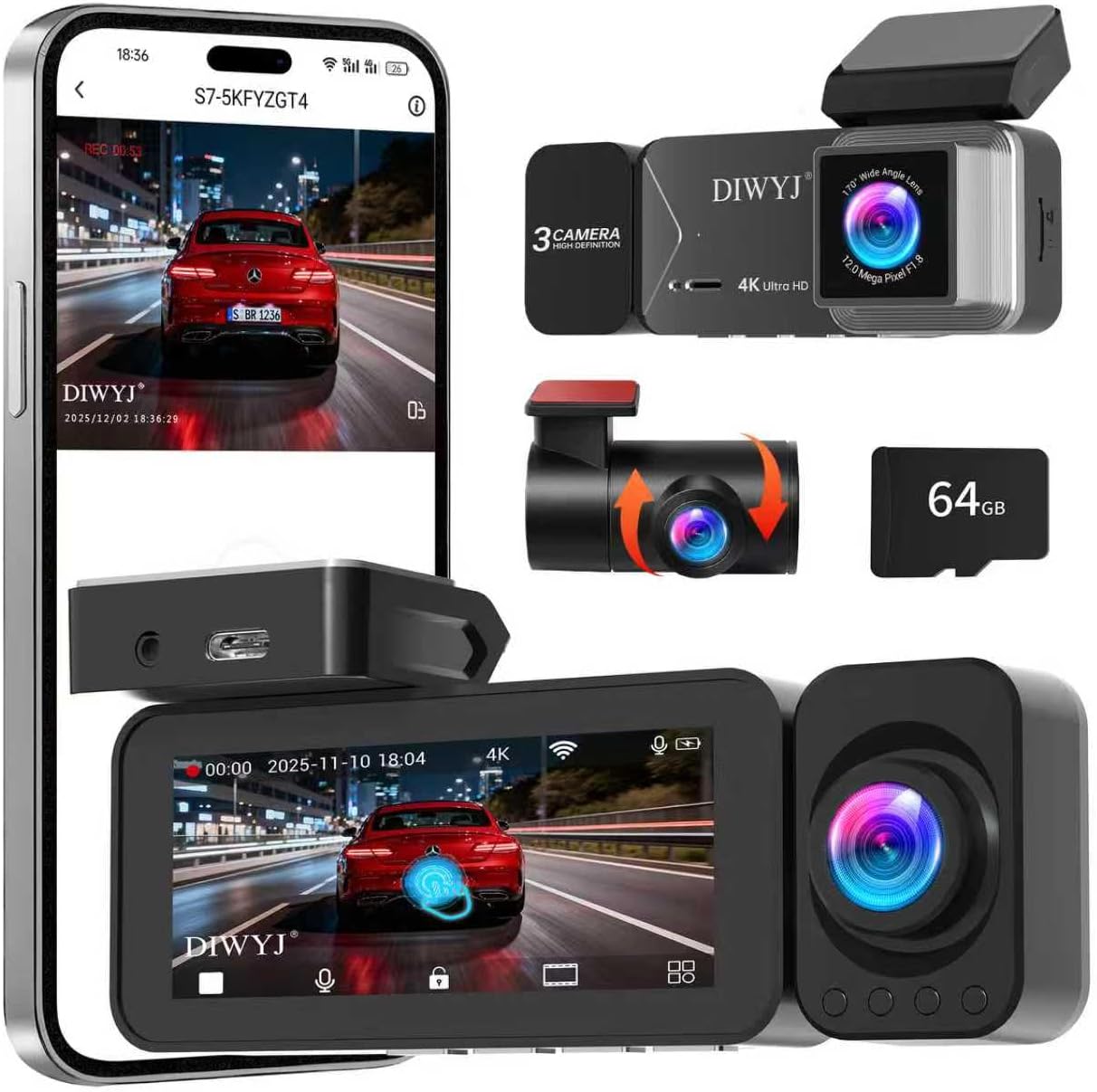 Dash Cam Front and Rear, 4K+2.5K+1080P with 170° Fisheye Lens, Full HD Dash Camera for Cars, 5GHz WiFi, IR Night Vision, WDR, 64GB Card Included, 24/7 Parking Mode, G-Sensor & Loop Recording（D7）