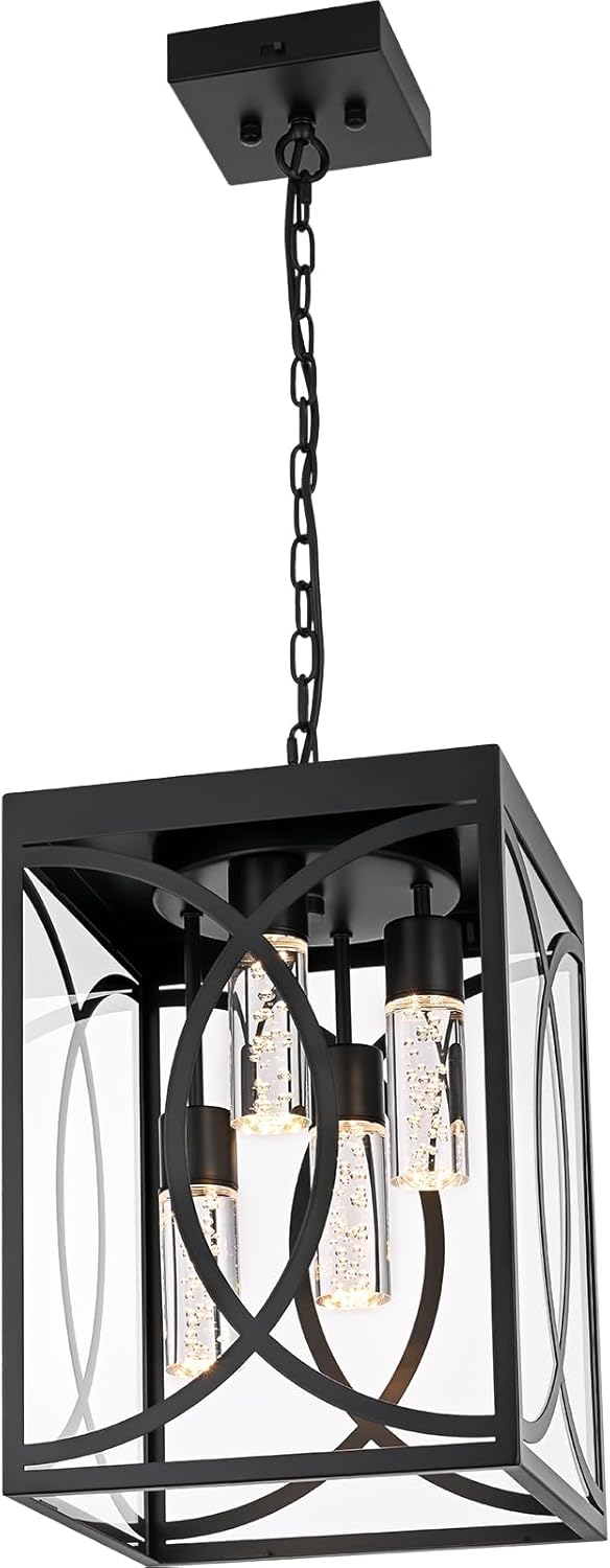 4-Lights LED Large 5CCT Outdoor Pendant Lights, Black Hanging Porch Lighting Fixture Build-in LED Chips with Clear Glass, Exterior Lantern Chandelier Ceiling Mount for Front Door Patio Garden