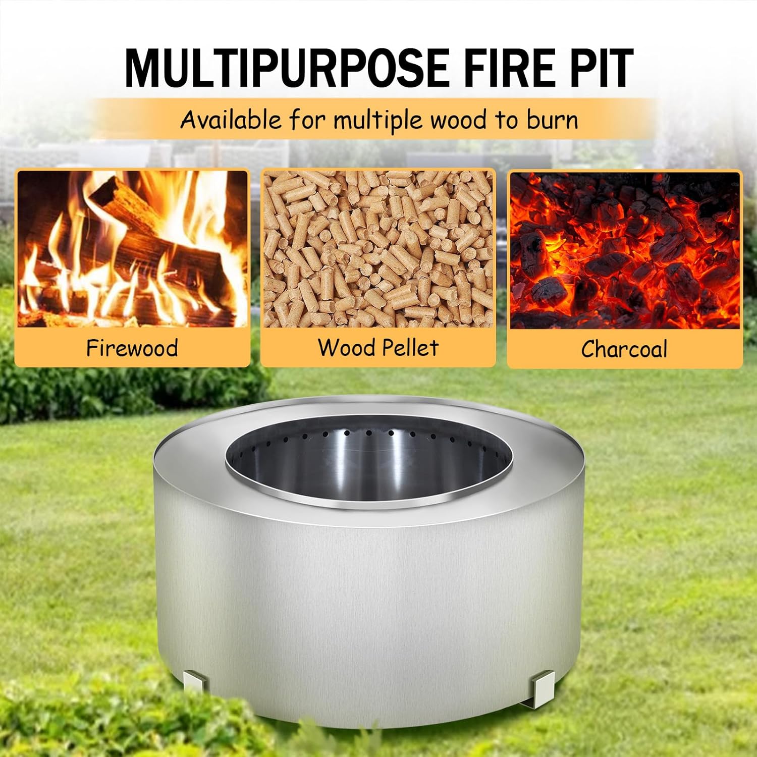 Smokeless Fire Pit, Portable Outdoor Carbon Steel Stove, Picnic Camping Backyard Campfire Pit, Large Wood Burning Fire Pit Stainless Steel Silver, 28.5 Inch