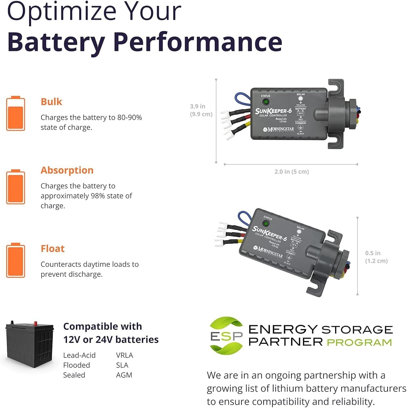 Morningstar SunKeeper 6A PWM Solar Charge Controller (SK-6) - Intelligent Solar Panel Regulator, Supports 12V Batteries, IP65 Outdoor Panel Control, HAZLOC Rated, 5 Year Warranty - Designed in USA