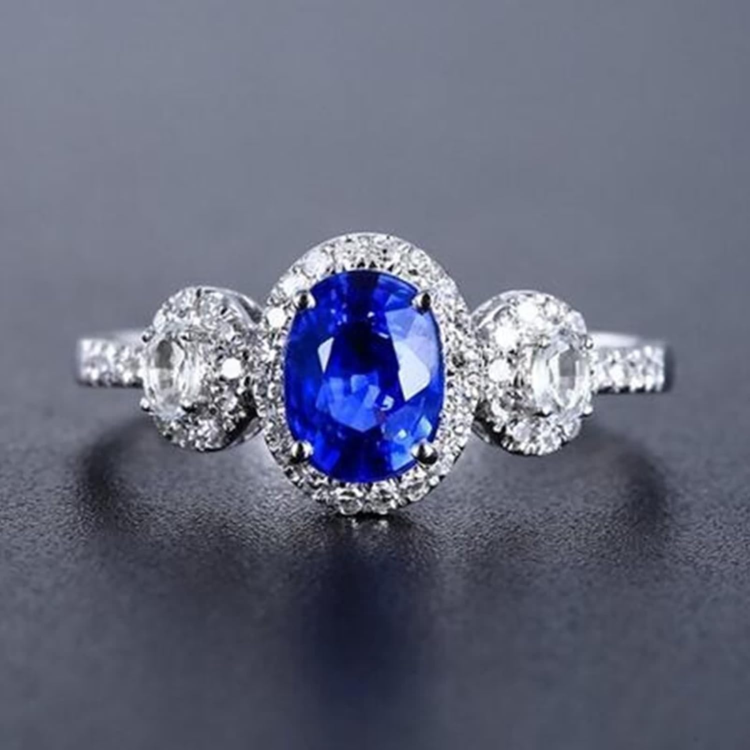 18K White Gold Engagement Ring, Women's Ring Lab Created Sapphire 4 Claws White Gold Band with Moissanite Birthday Gift for Her