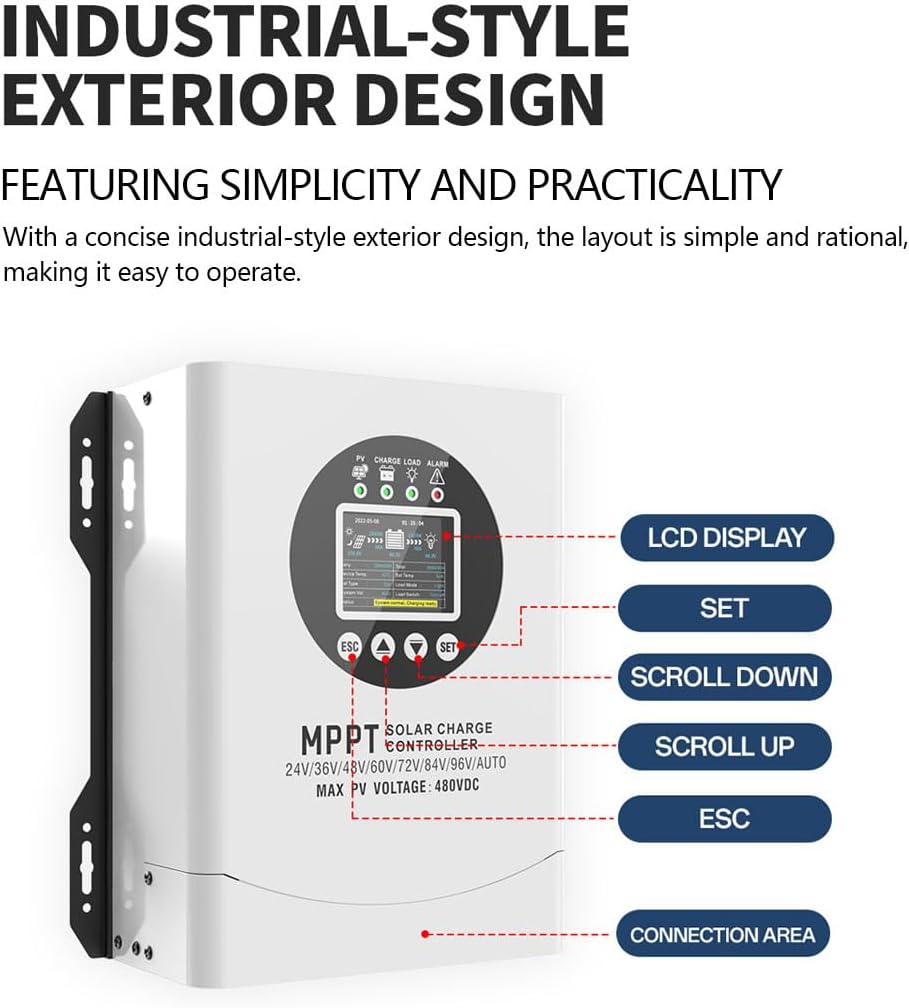 Y&H 120A MPPT Solar Charger Controller Max Input 480V PV, with 24V-96V Auto Battery Recognition, Gel/Flooded/Lithium Compatible - High Efficiency PV Regulator