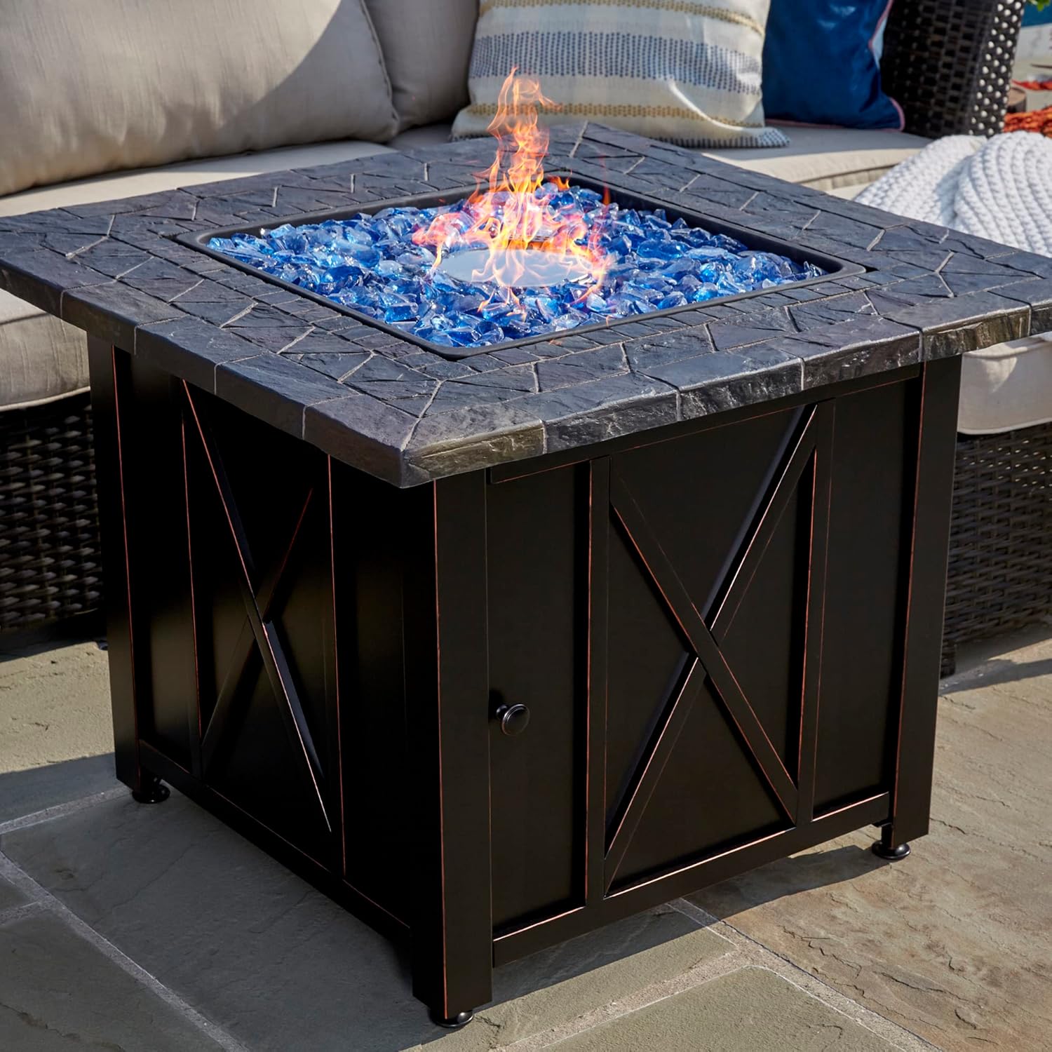 Endless Summer 30 Inch Square 30,000 BTU Liquid Propane Gas Outdoor Fire Pit Table w/Push Button Ignition, Blue Fire Glass, & Steel Fire Bowl, Bronze