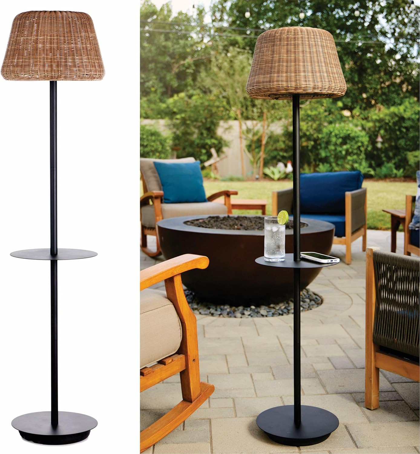 B&R Lighting Solar Outdoor Floor Lamp with Table - Cordless Outdoor Floor Lamp - Patio, Porch, Garden - Rattan Wicker Lights for Outside - Waterproof, Rechargeable, Weatherproof