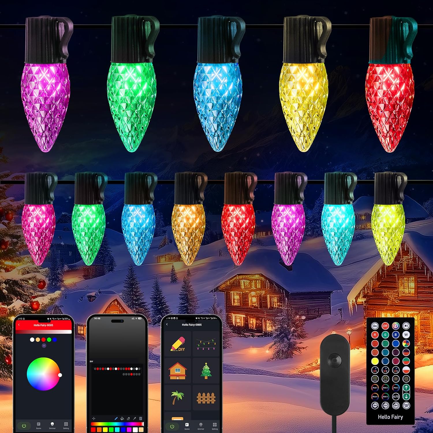 Brightown C9 LED Christmas Lights Outdoor, 100LED RGB Smart Christmas Tree Lights Music Sync DIY APP Controlled, Waterproof Connectable C9 String Lights for House Indoor Patio Xmas Decoration