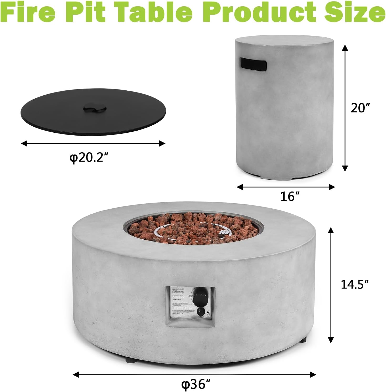 36 Inch Round Propane Fire Pit Table,50,000 BTU Concrete Gas Fire Table with Lid,Tank Cover,Lava Rocks & Rain Cover,CSA Certified Outdoor Firepit for Patio,Backyard Deck,Gray