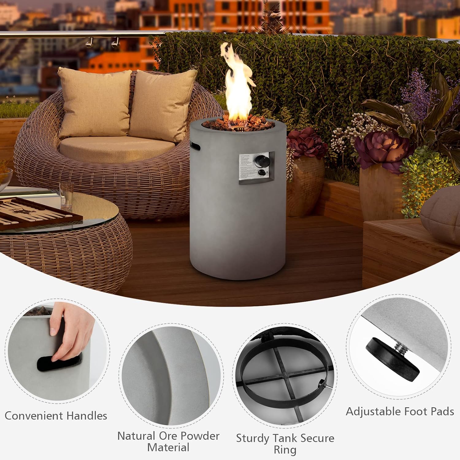 Tangkula Outdoor Round Propane Fire Pit, Patiojoy 16 Inch Auto-Ignition Patio Gas Fire Pit with Waterproof Protective Cover, Touch-up Pen and Lava Rocks, 30,000 BTU Fire Pit for Backyard, Outside