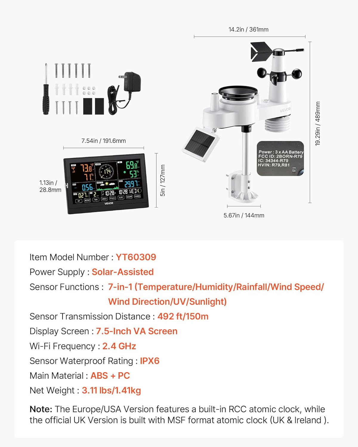 VEVOR 7-in-1 Wireless Weather Station, 7.5-Inch VA Display, Solar Powered Outdoor Sensor, Rain Gauge, Indoor Outdoor for Weather Forecast, Temperature, Humidity, Wind Speed and Direction (No WiFi)