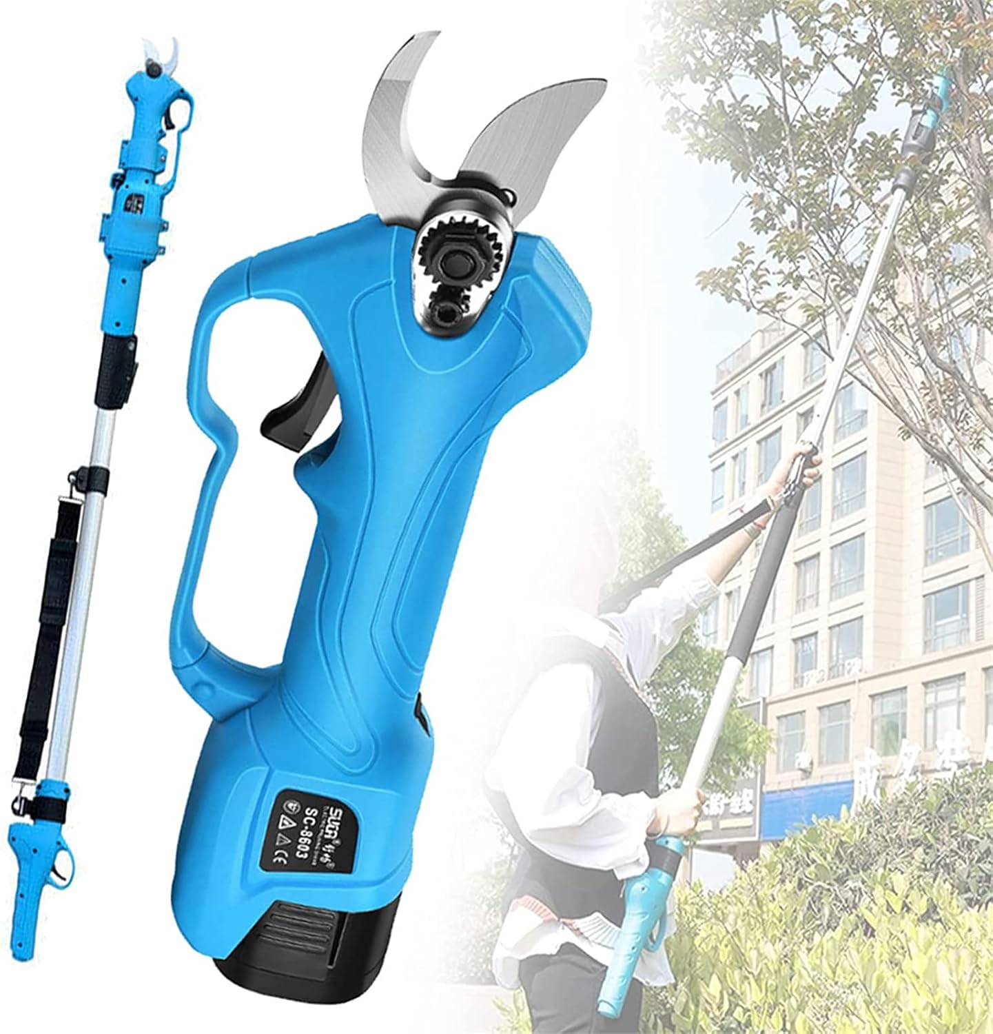 Cordless Pruning Shears, Electric Power Pruner Scissors Tools Branch Scissors 150-210cm Extension Rod, 28mm Cutting Diameter