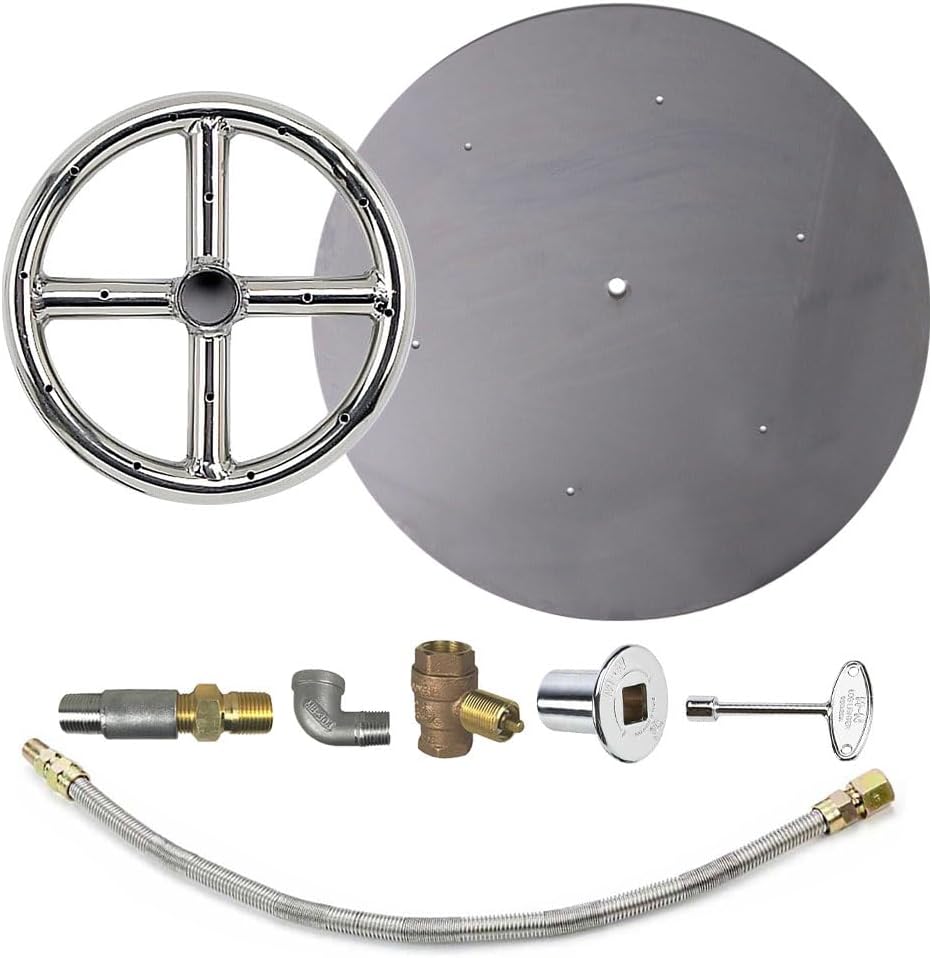 AFG Match Lit Fire Pit Burner Kit (SS-FR-6KIT-PAN-LP-MSCB), Round, 6-Inch Burner, 12-Inch Flat Pan, Propane, Polished Chrome, with Flange, Key, Valve, Flex Line and Fittings