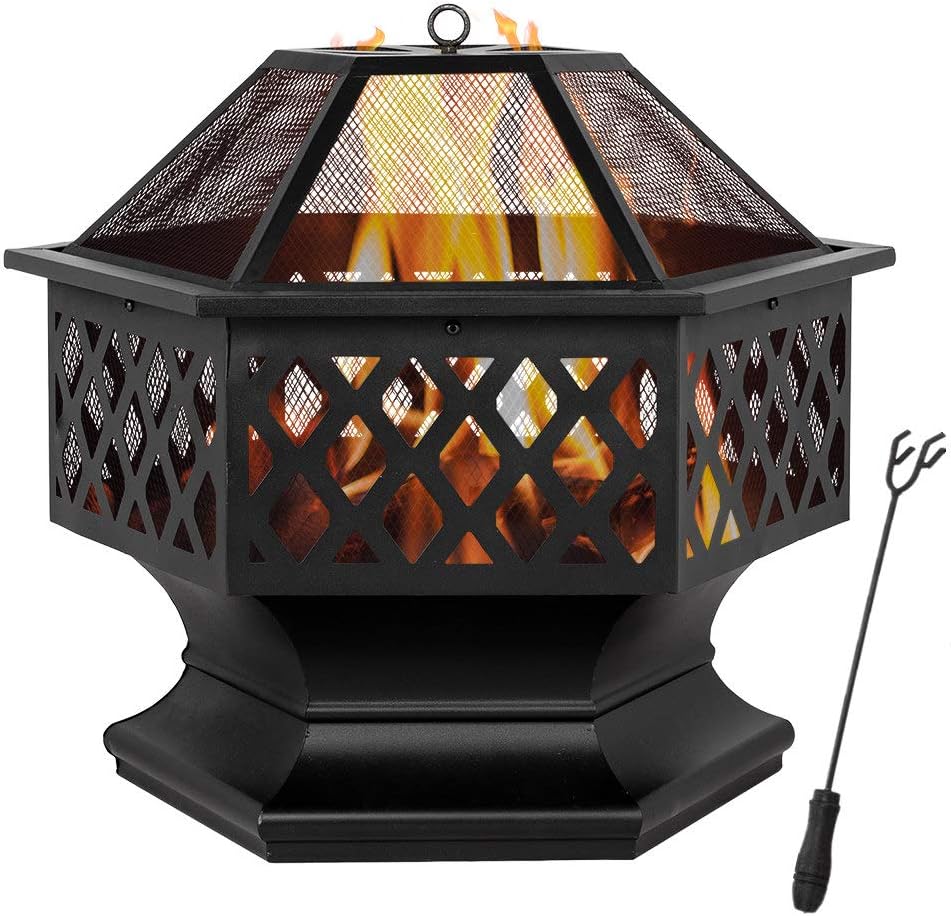 Fire Pits 27in Hexagonal Metal Fire Bowl Outdoor Firepit Backyard Patio Wood Burning Fireplace with Mesh Screen Cover Poker for Camping Picnic Bonfire