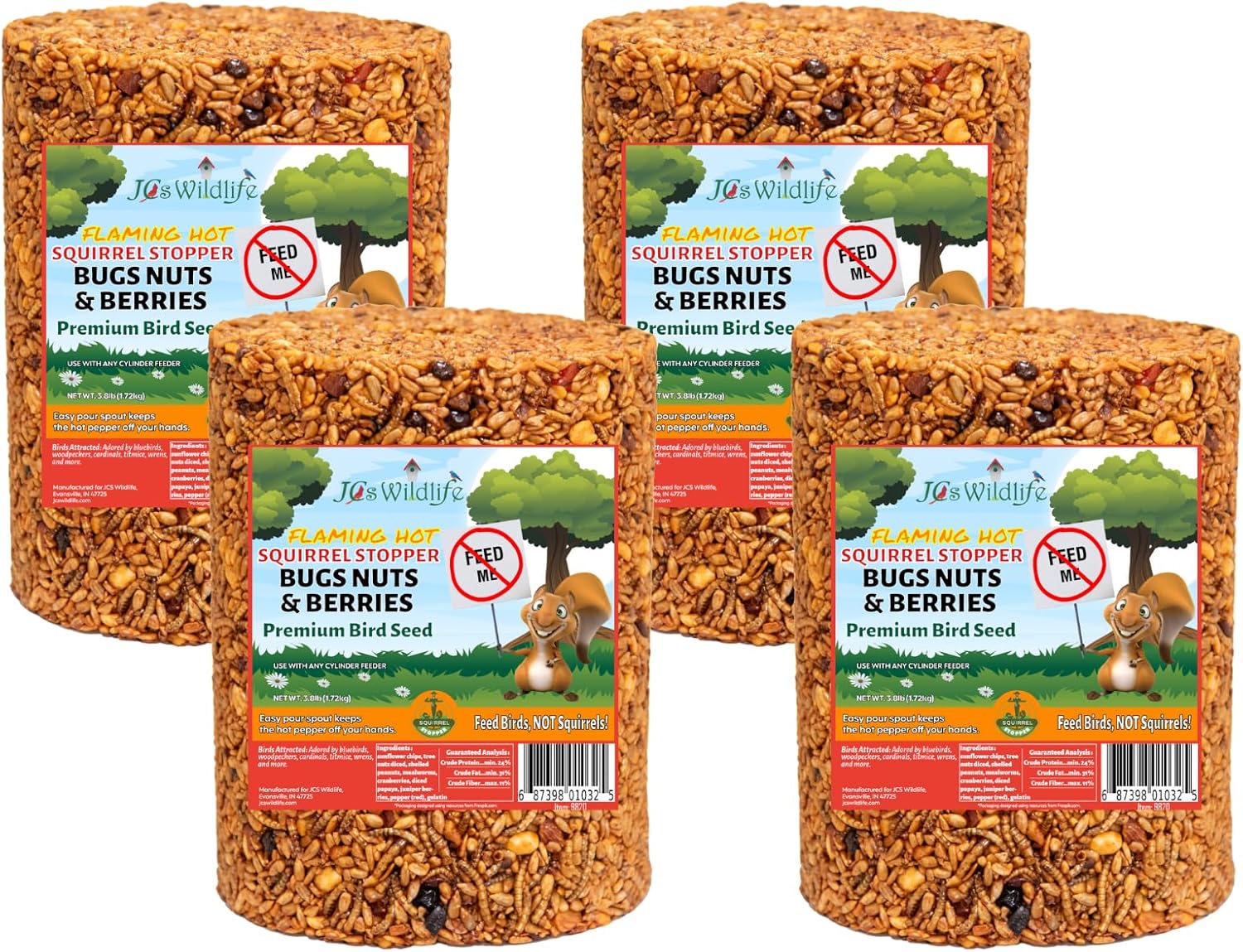 JCs Wildlife Squirrel Stopper Bugs Nuts & Berries Large Cylinder 3.8lbs (4-Pack)