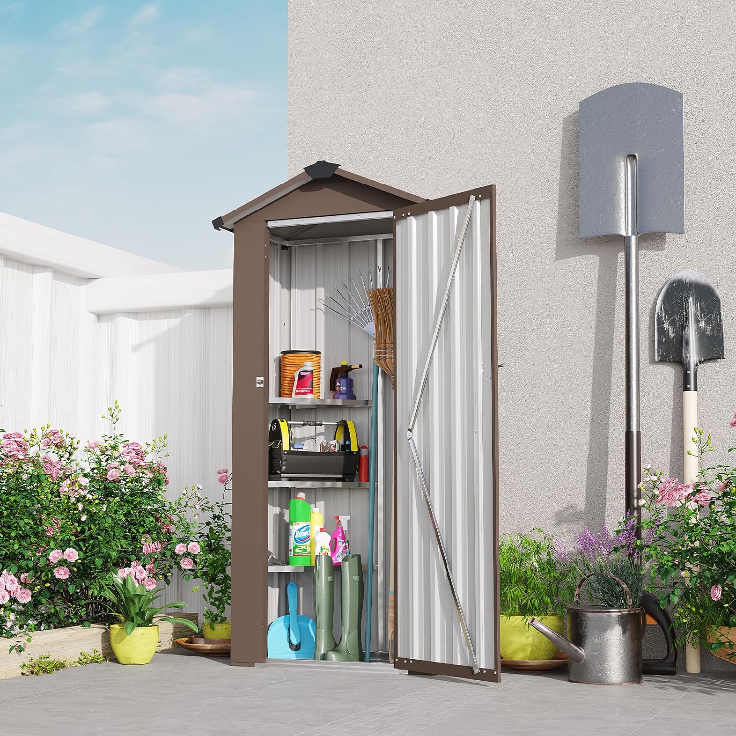 Outdoor Storage Shed, Metal Garden Tool Shed with a Solid Lock System, Outdoor Door Storage Cabinet for Patio, Garage, Poolside, Bikes, and Garden (Brown)