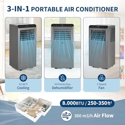 8000BTU Portable Air Conditioners w/Remote/LED Control, Free Stand Cooling Portable AC Unit for Room up to 350 sq. ft, 3-in-1 AC (Cool, Fan, Dehumidifier), 24Hrs Timer,Quiet Sleep Mode(45dB)