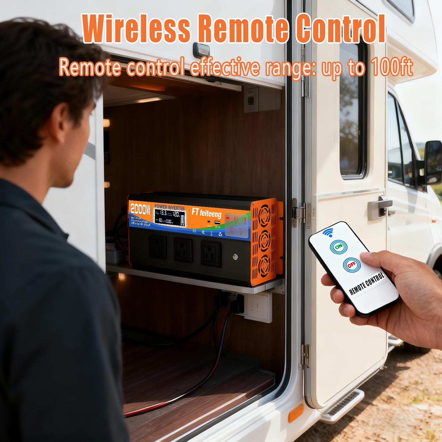 2000W Power Inverter 12v DC to 110v 120v AC with Remote 3 AC Outlets, USB Port, Dual Smart Fans, Cables Included LCD Display Power Inverter for Vehicle for Rv Truck Camping & Home Emergency Use