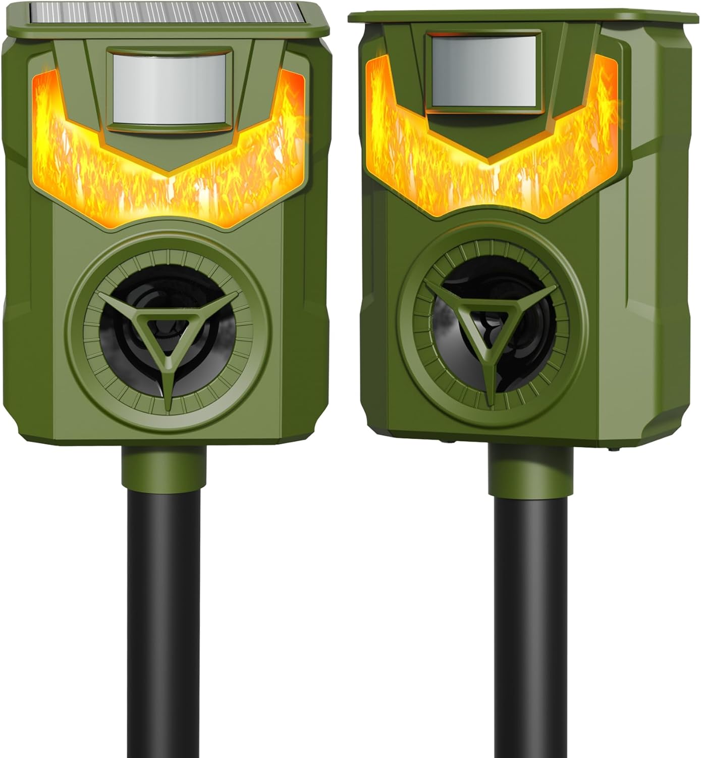 Solar Ultrasonic Animal Deterrent Deer Repellent Cat Repeller 5 Modes Flame Lights with Light-Sensitive Sensor Waterproof Outdoor Yard Lawn 2 Packs