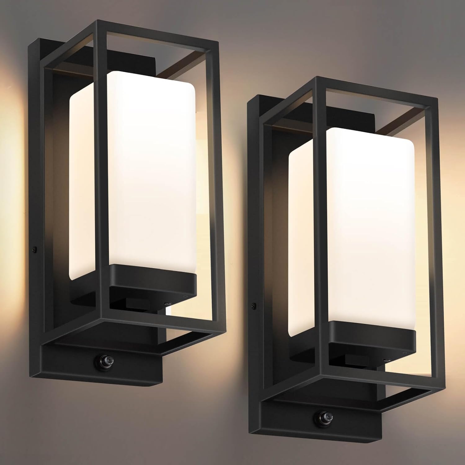 SHIMR Outdoor Wall Light with Dusk to Dawn Sensor, Black Exterior Lighting Fixtures with LED Bulb Included, E26 Base, Waterproof Outdoor Sconce Lights for Porch Garage Front Door, 2 Pack