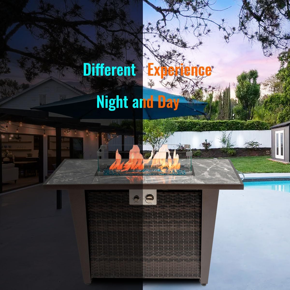 42'' Fire Pit Table with Natural Gas Conversion Kit, Marble Tile Ceramic Tabletop with Glass Wind Guard, Inclined Leg and Art Powder Design, Blue Glass Rocks, Including Lid&Cover, Brown