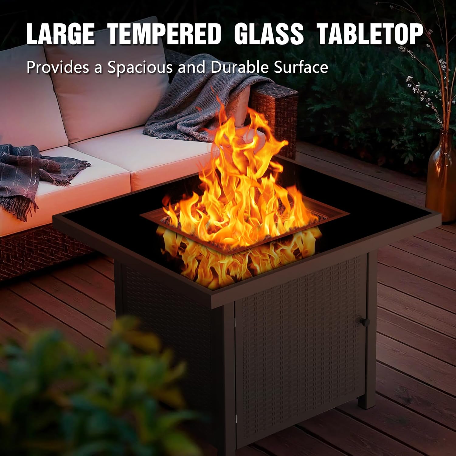 BALI OUTDOORS 32 inch Glass Tabletop Propane Fire Pit Outdoor, 50,000 BTU Propane Fire Pit Table Square, Gas Firepits for Outside Patio, Garden, Brown