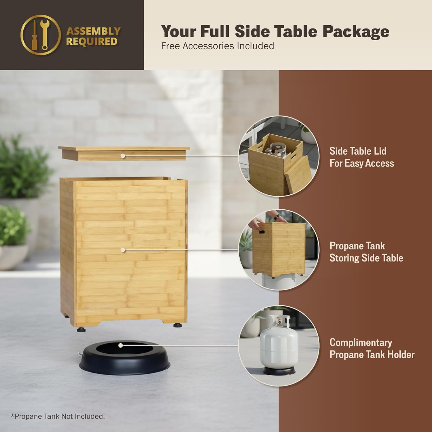 Kinger Home Harmony 43-Inch Large Square Outdoor Propane Gas Fire Pit Table, 50,000 BTUs, Certified Includes Side Table, Lava Rock and Weatherproof Cover