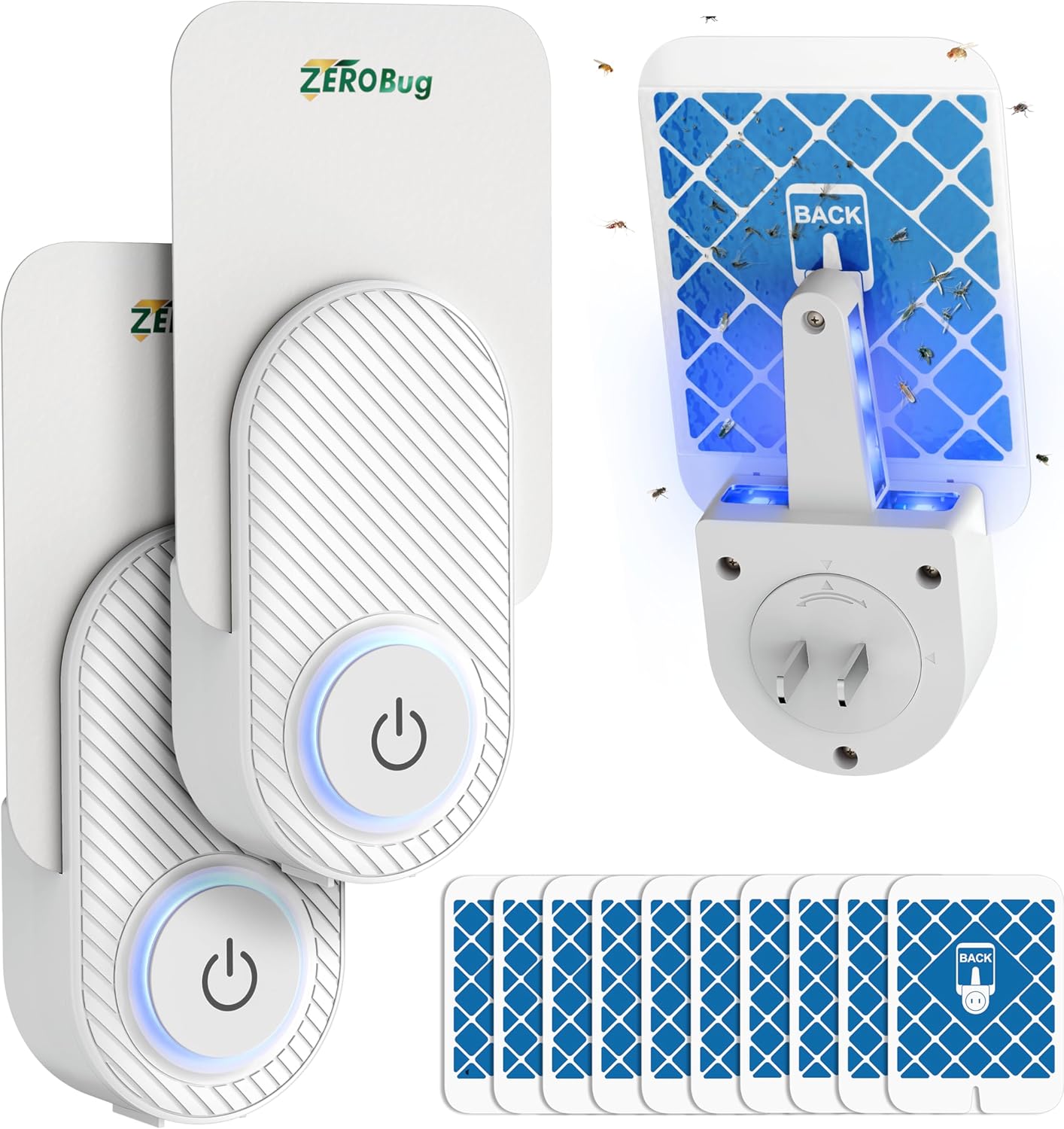 Fruit Fly Traps for Indoors (2 Device & 10 Refills), 4X Target Capture Rate Sticky Traps for House Fly, Gnat, Mosquito with UV Blue Light, Plug in Bug Catcher & Killer for Indoor Home Kitchen