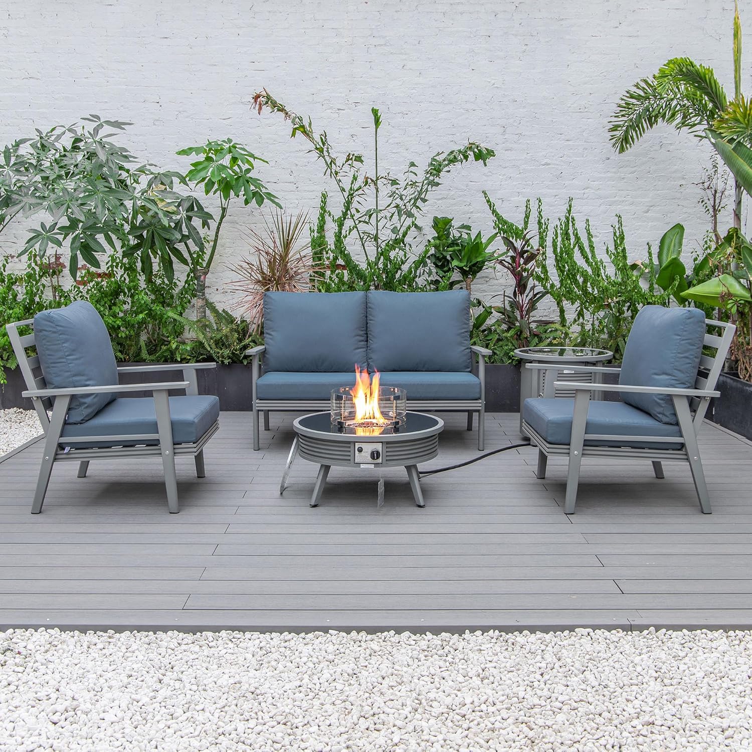 LeisureMod Walbrooke Modern Aluminum 5-Piece Patio Conversation Set with Outdoor Round Fire Pit Slats Design & Side Table Tank Holder, Navy Blue
