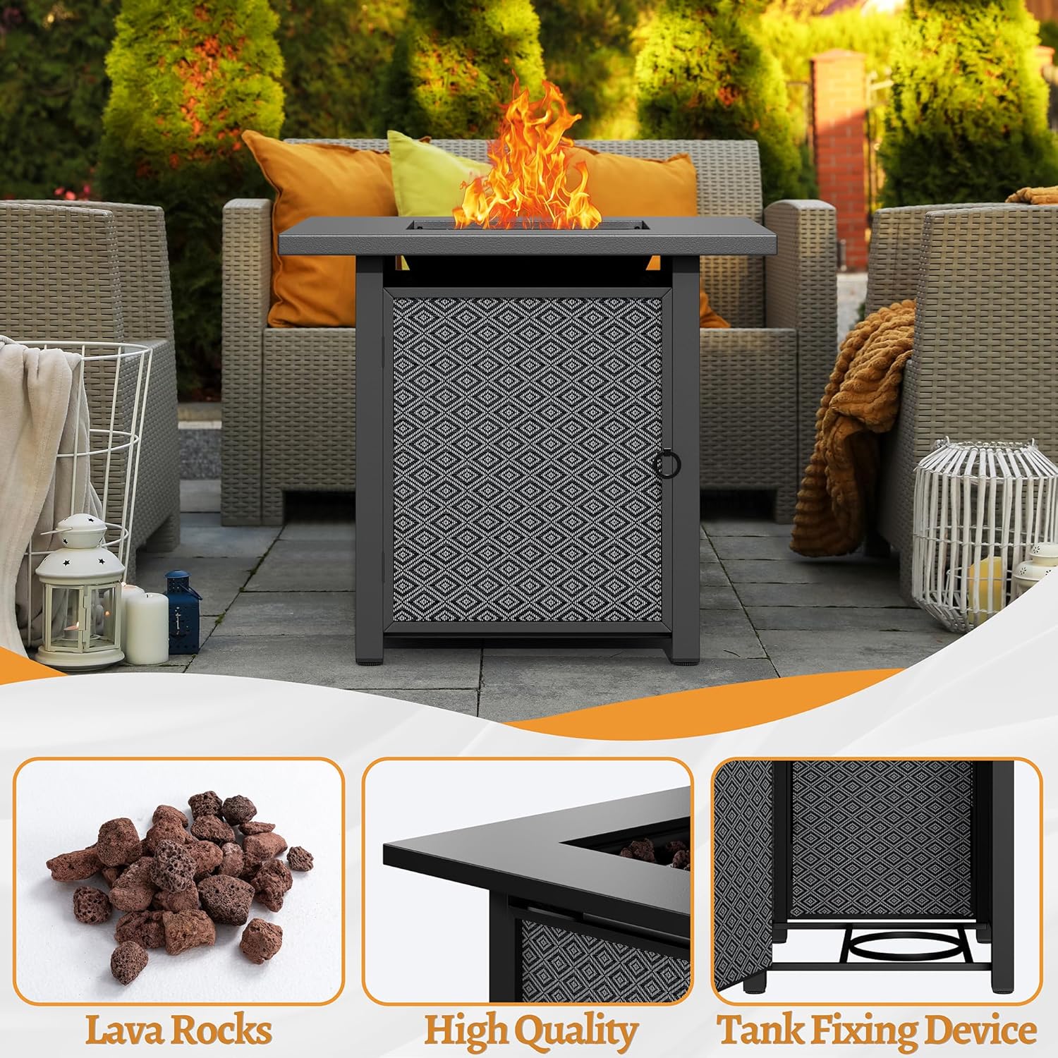 JAMFLY Propane Fire Pit Table Outdoor 28 Inch, Patio Gas Fire Pits 50,000 BTU with Lava Rocks, Waterproof Cover and Lid for Outside, Dark Gray