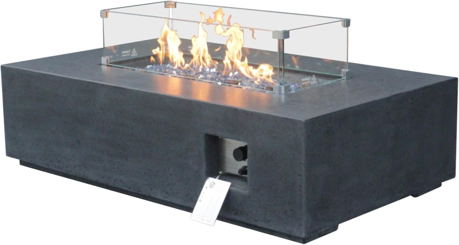 52-Inch Outdoor Concrete Propane Gas Fire Pit Table, CSA Certified, Adjustable Flame,Glass Chips & Lava Stone Burner, Glass-Fiber Reinforced Concrete, 65,000 BTU, for Garden & Patio (Dark Grey)