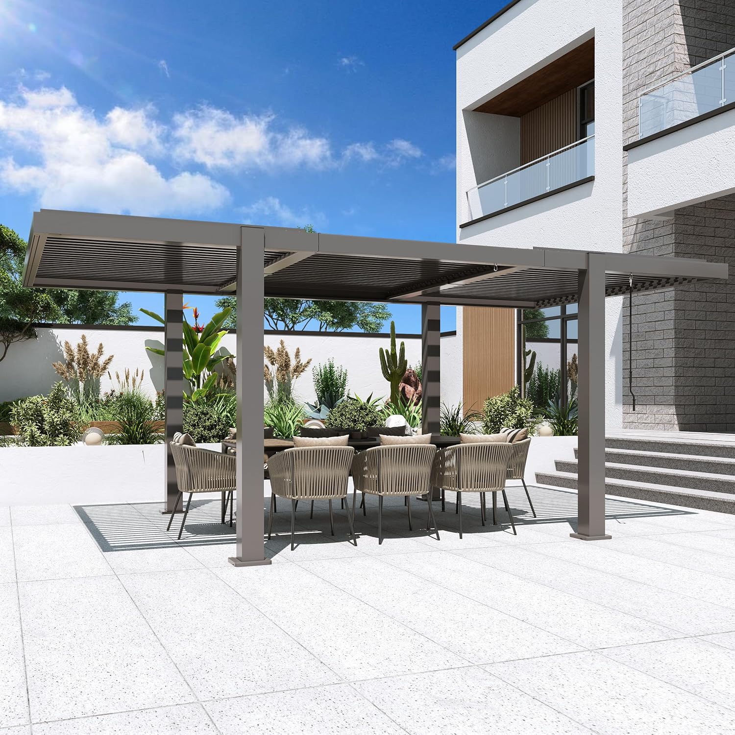 MELLCOM Louvered Pergola 10x18, Modern Aluminum Pergola with Adjustable Roof, Outdoor Shade Structure with Integrated Drainage System, Hardtop Gazebo Carport for Patio