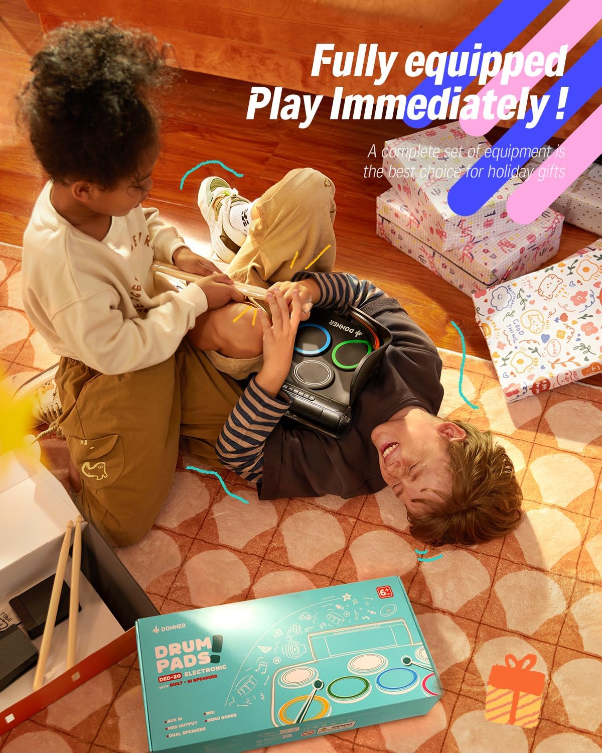 Donner Electric Drum Set Upgrated, 7 Pads Electronic Drum Pad Roll Up Quiet Drum Pad Built-in Speaker, 40 Lessons Included, Kids Holiday Christmas & Birthday Gift Instrument Toys(DED-20R) NEW