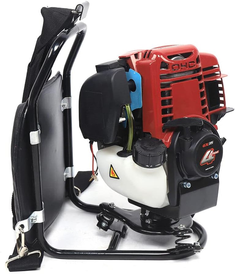 35.4CC 4-Stroke Grass Trimmer 1.0KW Backpack Lawn Mower 1.4HP Gas Powered Lawn Mower Single-Cylinder Air-Cooled Cultivator Lawn Mower 4500-8500RPM Speed Backpack Grass Trimmer