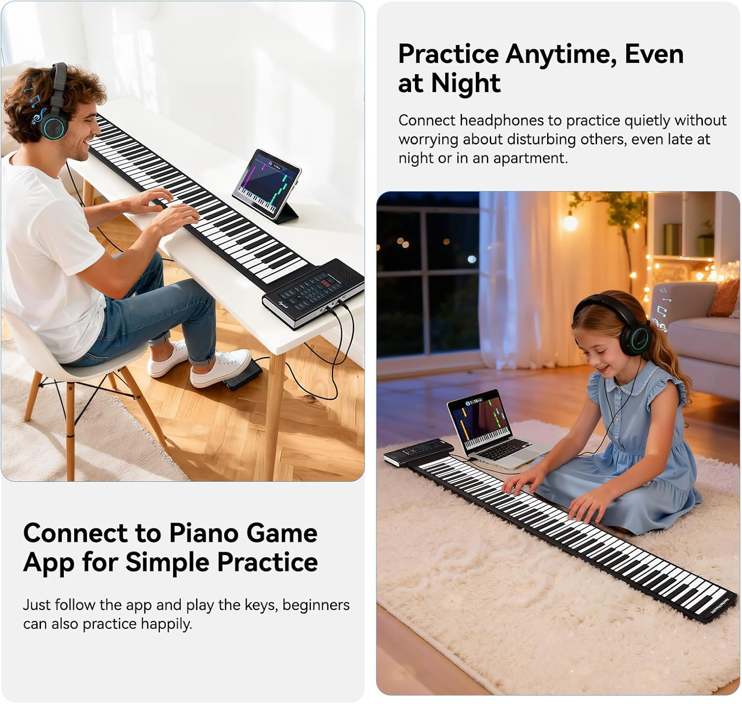 88 Keys Roll Up Keyboard Piano, Portable Electric Foldable Piano with Sustain Pedal, 20 Songs, 128 Tones, 128 Rhythms, Rechargeable & Wireless BT, Music Gift for Beginners (with LED Display)