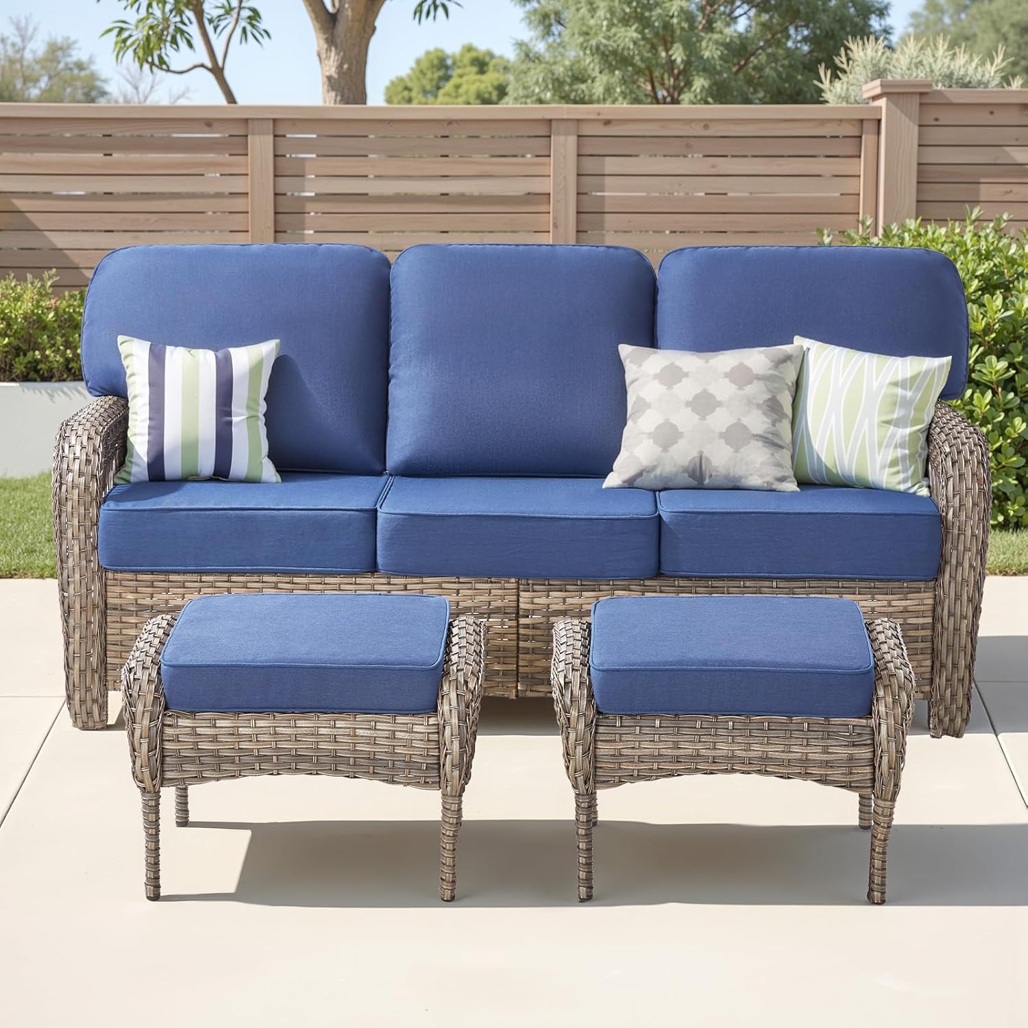 3 Pieces Patio Furniture Sofa Set, Wicker Sectional Outdoor Sofa with Ottomans, Outdoor Seating Furniture High Back Conversation Set for Balcony Deck Porch Backyard, Blue