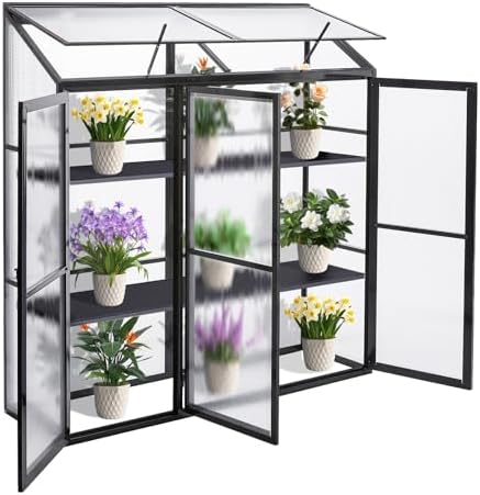 Polycarbonate Greenhouse Walk-in Green House Kit Garden Plants Grow,Aluminum Lean to Greenhouse Small Tomato House 3 Doors 190 x 55 x 180 cm Black Perfect for Home Gardening and Vegetable Gr