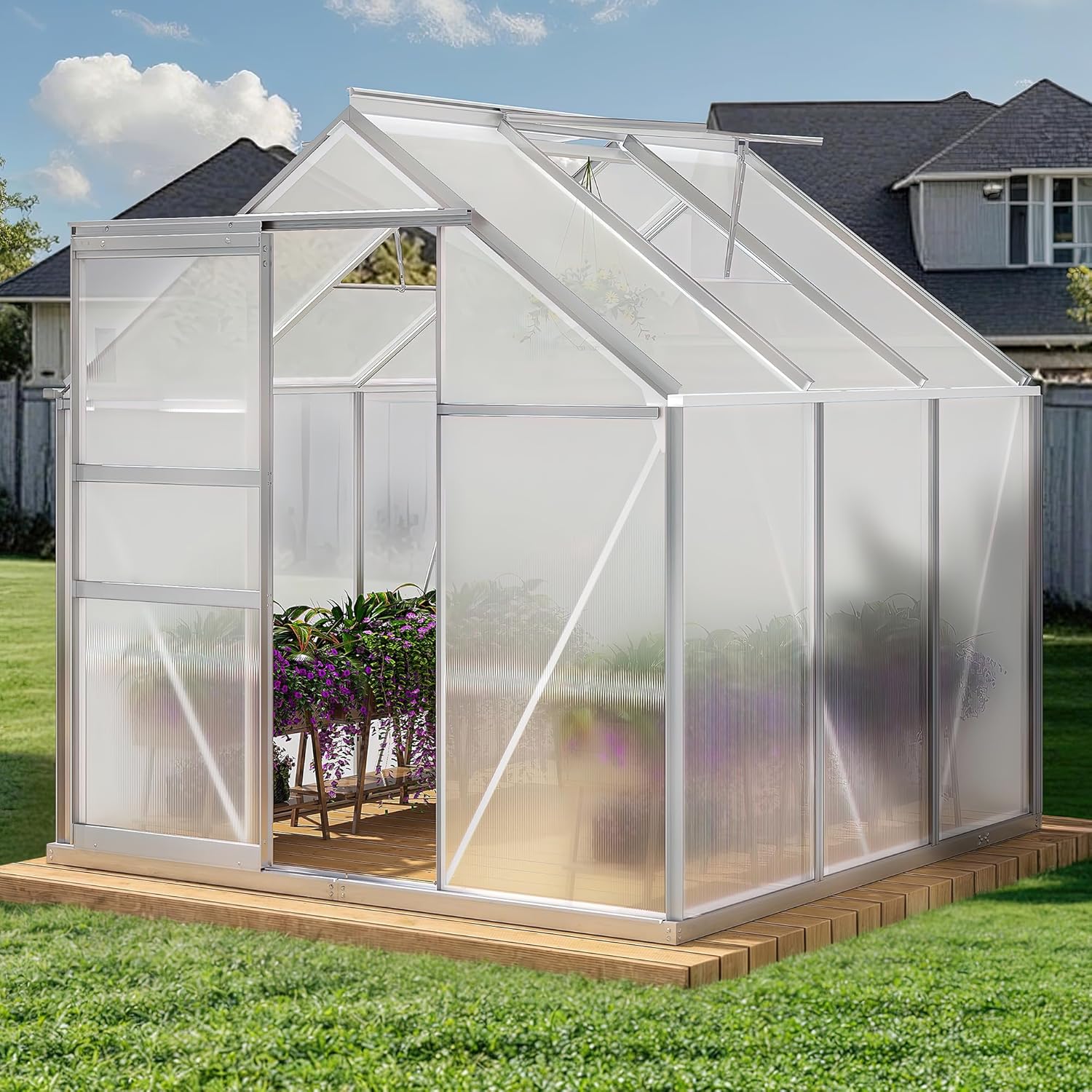 YITAHOME 6x6FT Polycarbonate Greenhouse Heavy Duty Green Houses Outdoor Greenhouses Aluminum Sliding Doors Vent Window Large Sun House for Garden Backyard, Silver