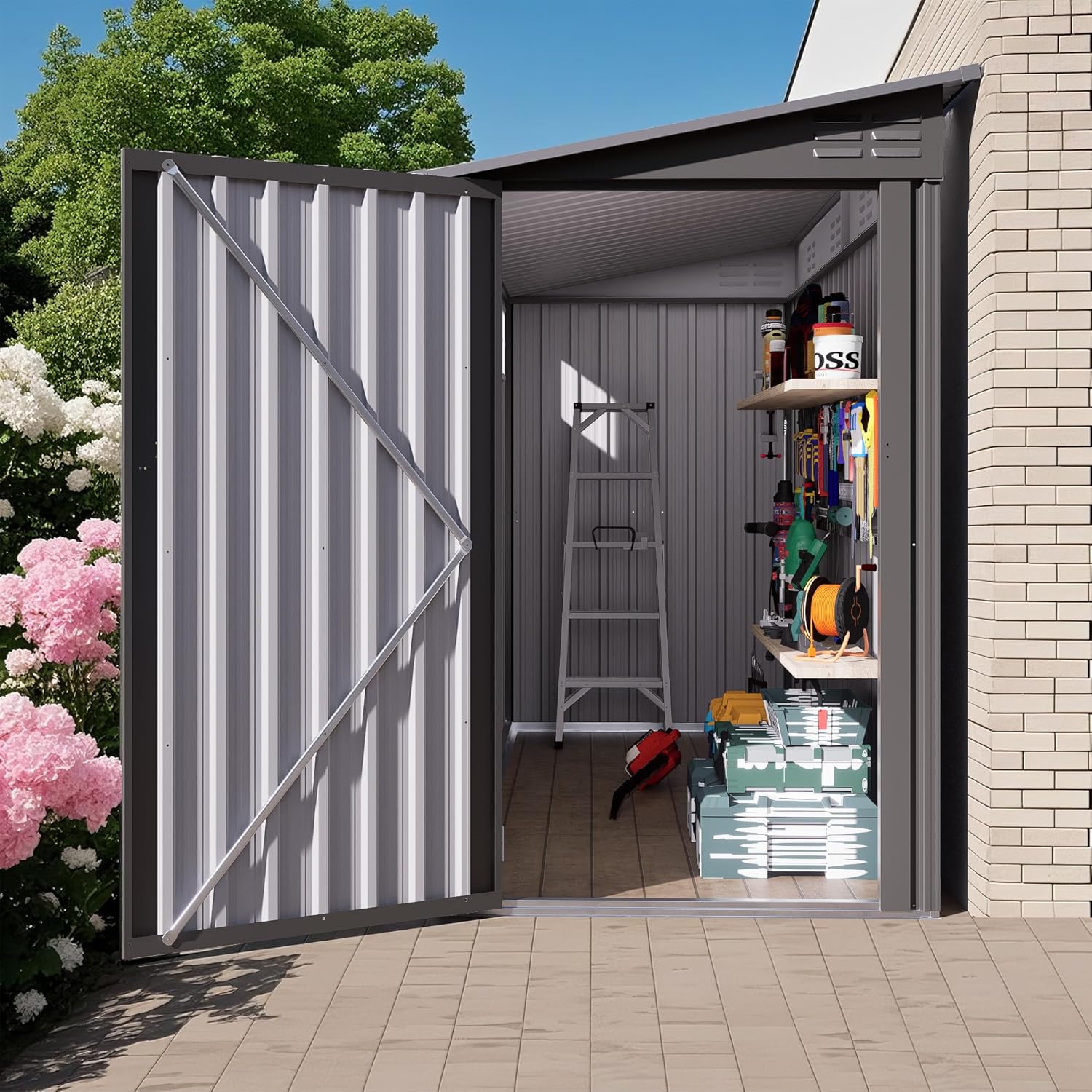GOWE 4 x 9 FT Outdoor Storage Shed, Metal Garden Shed Tool House with Sloping Roof,2 Vents and 1 Side Open Door for Backyard, Garden,Patio, Garage, Lawn, Gray