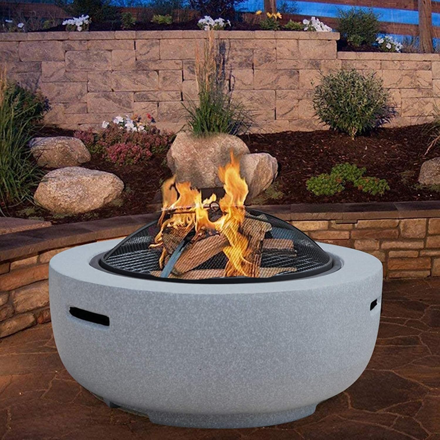 Outdoor Fire Pit, Concrete Round Firepit Charcoal and Wood Burning Firepit Bowl Bonfire with Spark Screen, Grate, and BBQ Grill, for Outdoor Patio Garden Backyard Decking