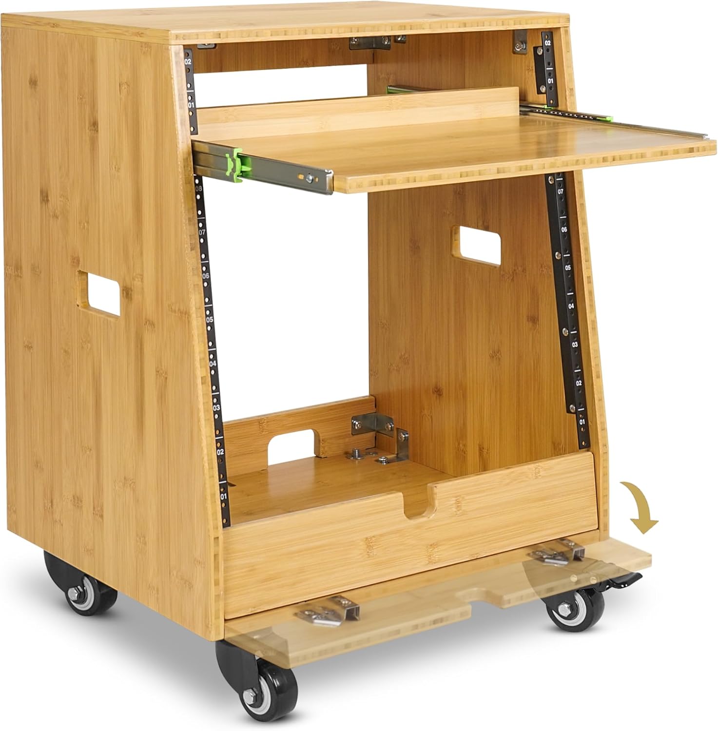 Sound Town DIY Solid Carbonized Bamboo Slanted 10U Studio Rack (2U Top + 8U Lower), with 2U Bottom Storage, Slide-Out Tray, Caster, For Recording Room, Home Studio (STBR-ST10T)