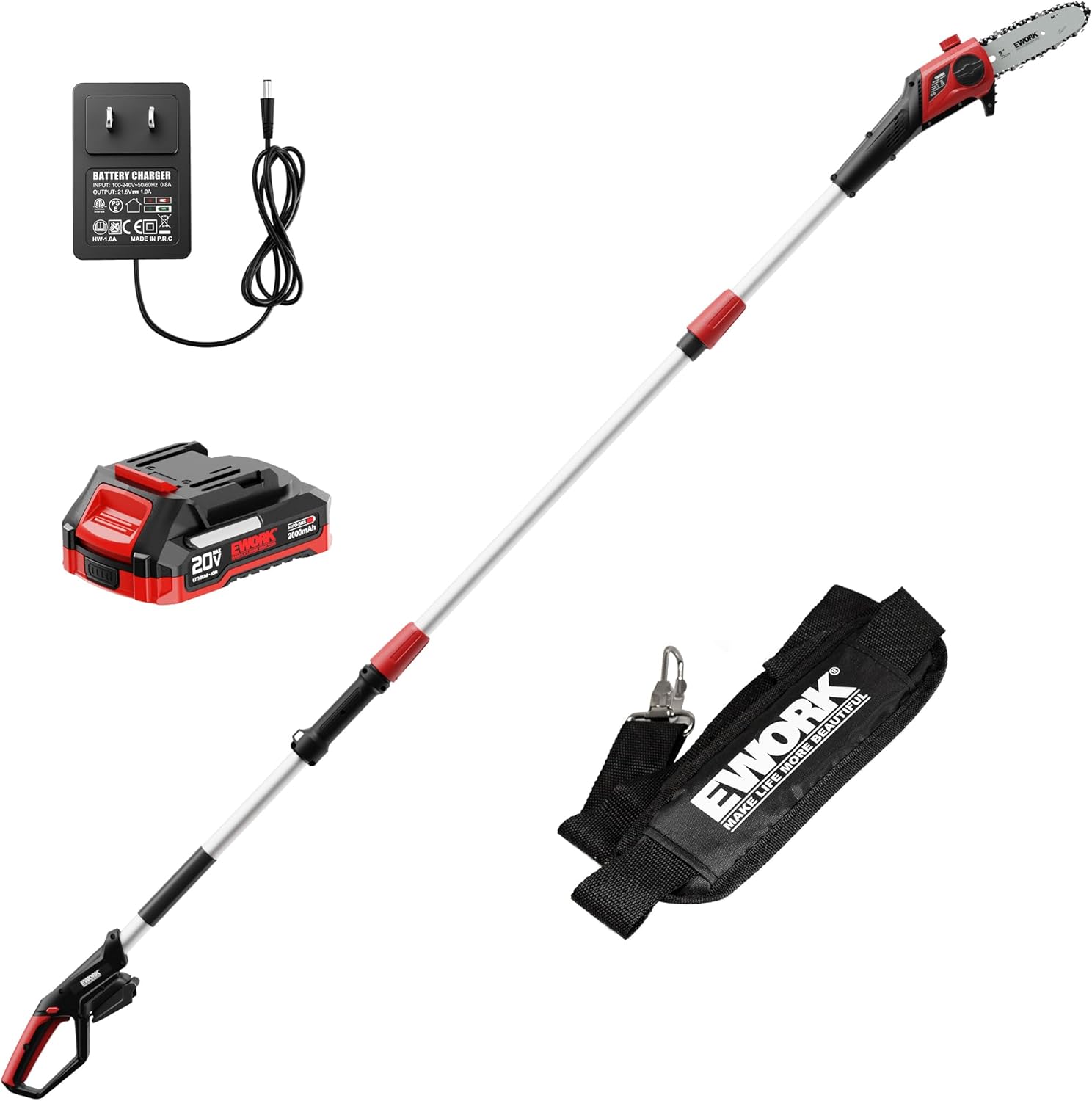 EWORK 20V 8-Inch Cordless Pole Saws for Tree Trimming, Extension Up to 14.2-Ft, Lightweight Only 6.5 Lbs, Auto Oiling Electric Pole Saw Battery Powered with Battery and Charger - EK-TT2008HH