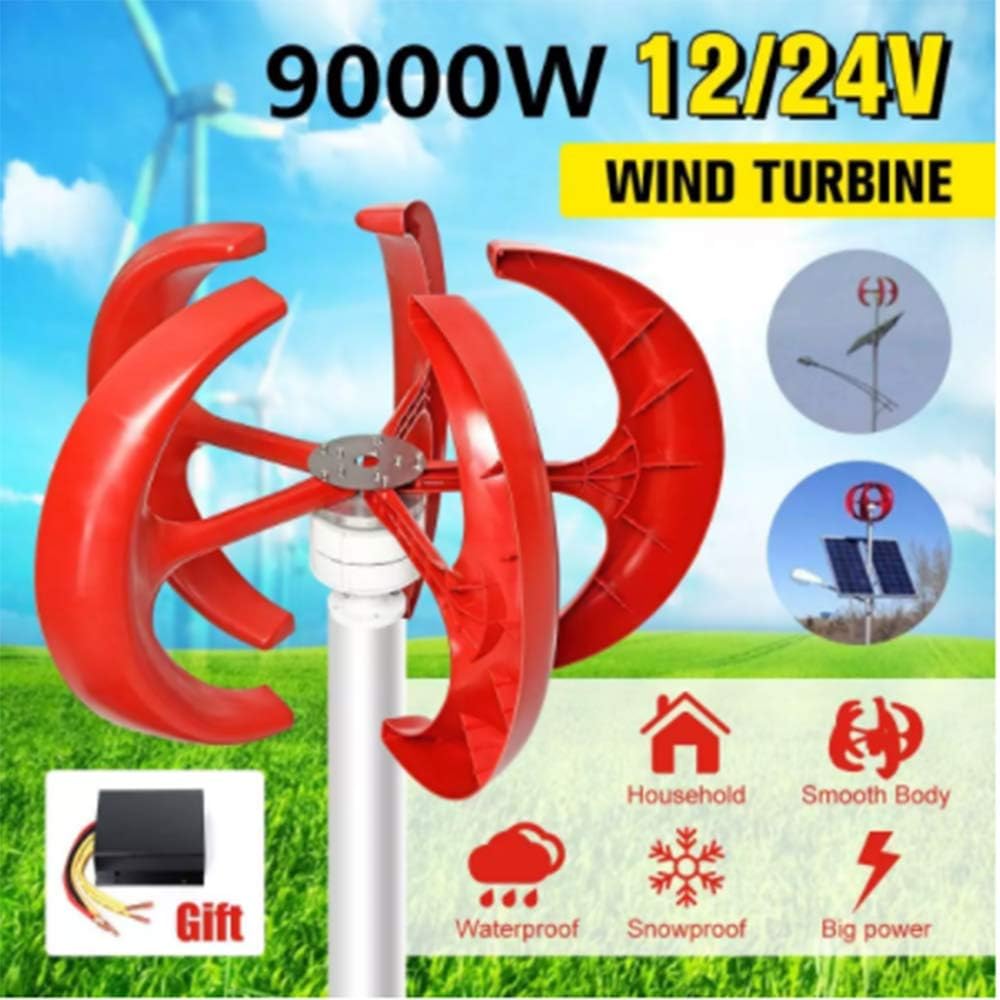 Red 9000W 5 Blades Vertical Axi Wind Turbines Generator Lantern 12V 24V Motor Kit Electromagnetic for Home Streetlight Use,12v