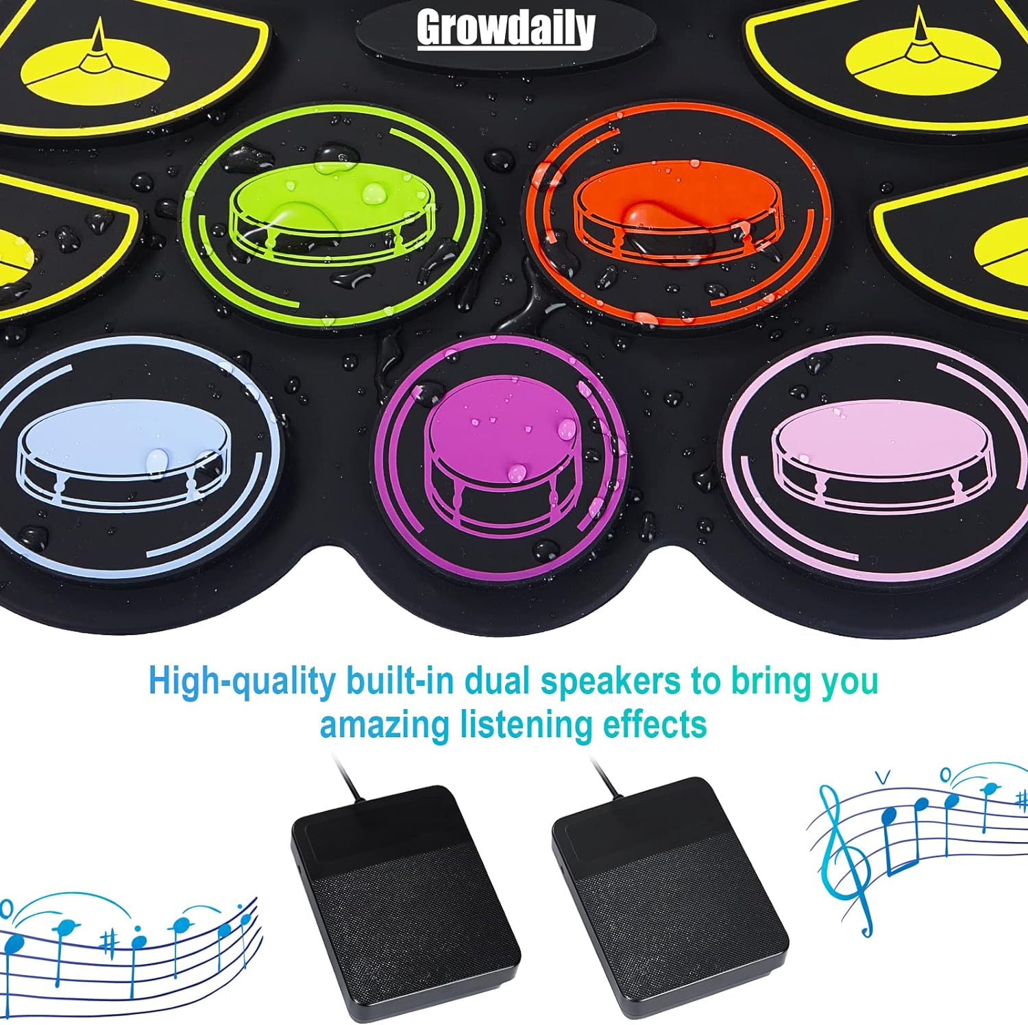 Electric Kids Drum Set,Electronic Drum Set Practice 9 Pads With Stand,Music Recording,Light Up Drum Sticks,Drum Pedal,Midi,Dual Stereo Speaker(Rainbow)