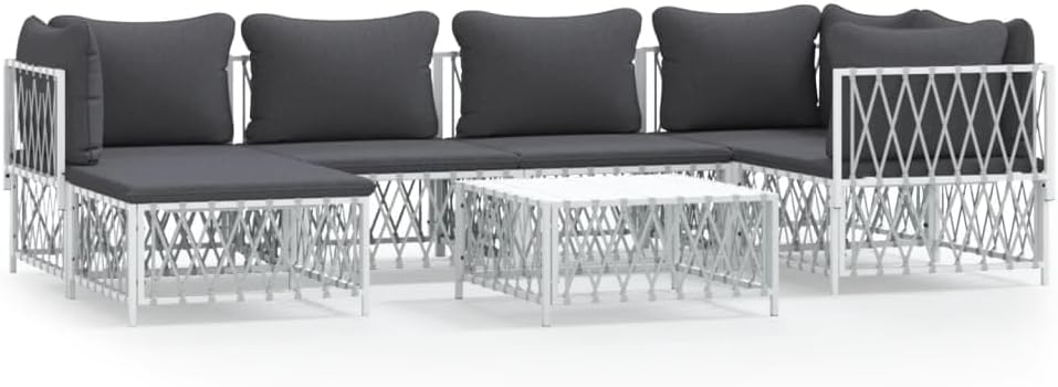 7 Piece Patio Lounge Set with Cushions White Steel Garden Furniture