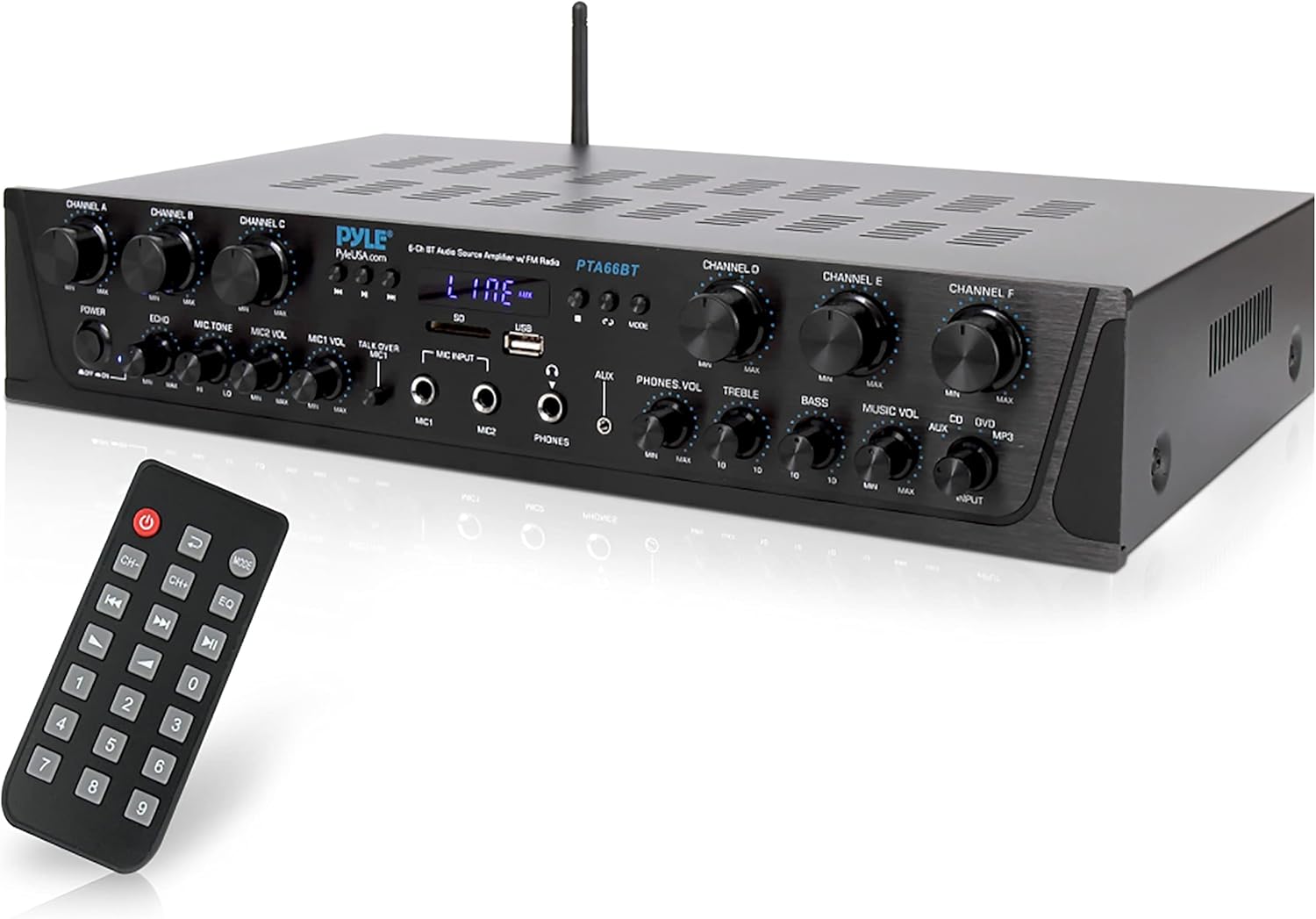 Pyle Wireless Home Audio Amplifier System - Bluetooth Compatible Sound Stereo Receiver Amp, 6 Channel 600W Power, Digital LCD, Headphone Jack, 1/4'' Microphone IN USB SD AUX RCA FM Radio - PTA66BT.6