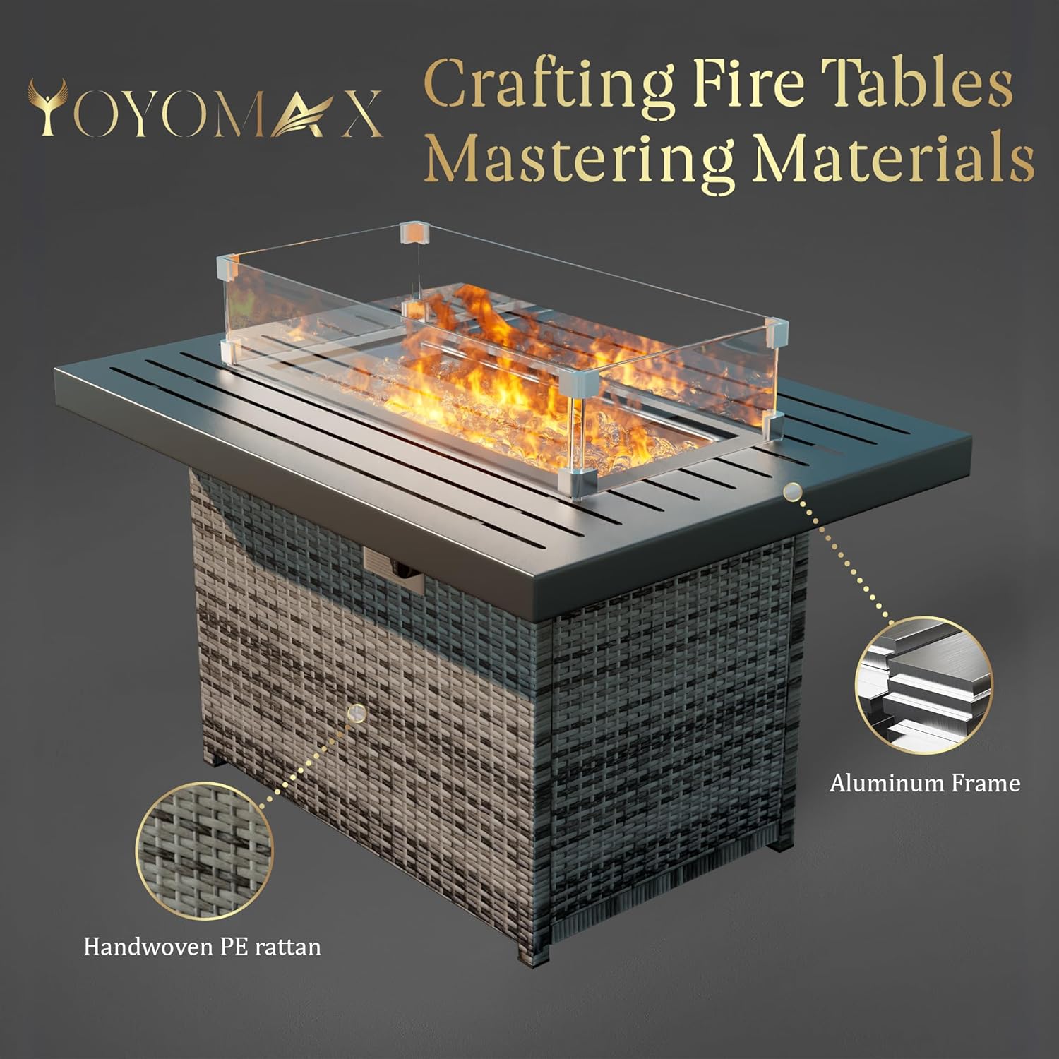 Yoyomax Hand Weave Rattan Propane Fire Pit Table 44-Inch Aluminum Tabletop and Frame, 60,000 BTU Adjustable Flame, Glass Wind & Waterproof Cover & Fire Beads, Idea for Patio, Garden, Resto Hotel