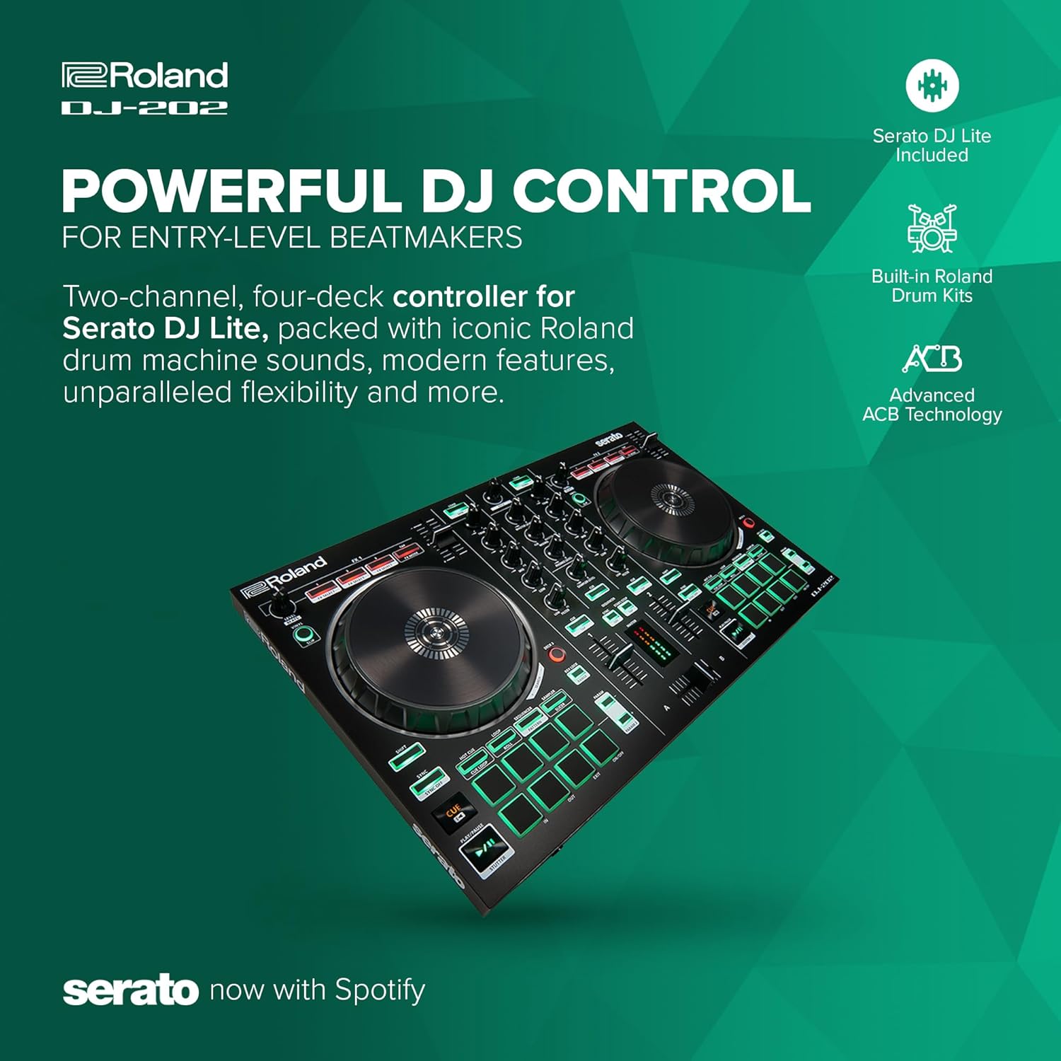 Roland DJ-202 Compact DJ Controller | 2-Channel, 4-Deck Controller for Serato DJ Lite | Large, Low-Latency Platters | Iconic Roland Drum Kit Sounds