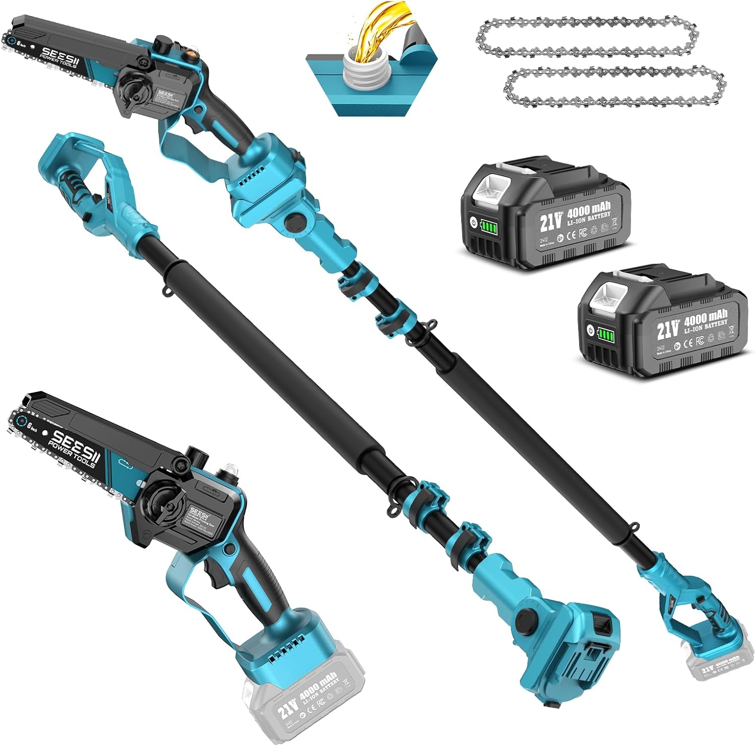 SEESII 2-in-1 Cordless Pole Saws for Tree Trimming, 6 Inch Mini Electric Chainsaw with 2 x 4000mAh Batteries, Battery Powered Chain Saw with Extension Pole, Tree Trimmer Limb Branch Cutter Pruner